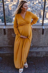Yellow Chiffon Long Sleeve Pleated Maternity Maxi Dress