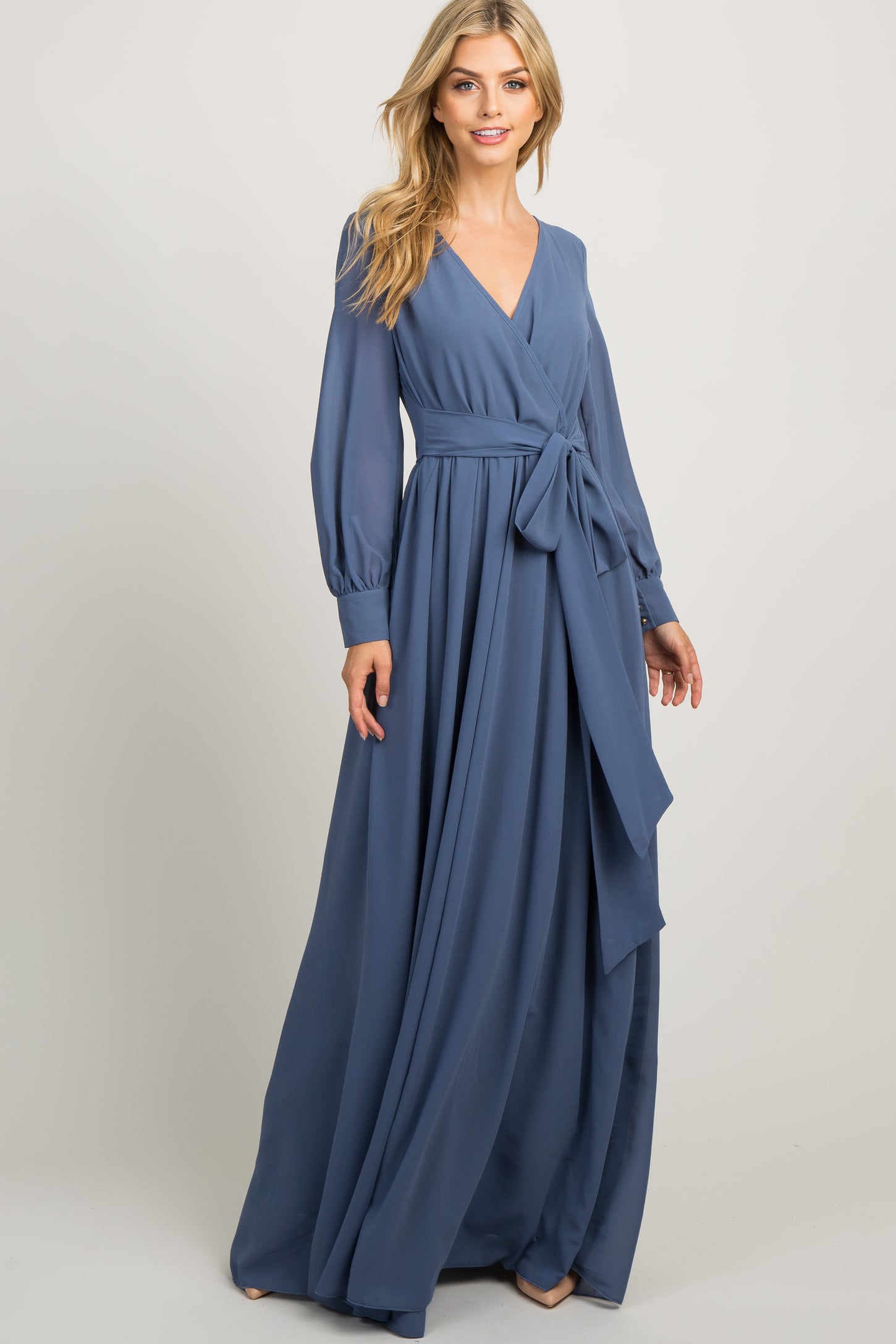 Blue Chiffon Long Sleeve Pleated Maternity Maxi Dress Blue Chiffon Long Sleeve Pleated Maternity Maxi Dress