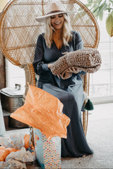 Blue Chiffon Long Sleeve Pleated Maternity Maxi Dress