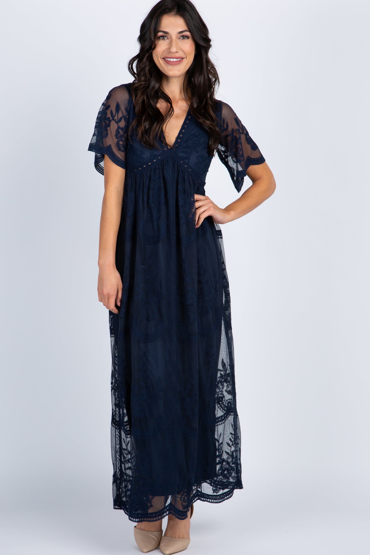 PinkBlush Navy Blue Lace Mesh Overlay Maternity Maxi Dress PinkBlush Navy Blue Lace Mesh Overlay Maternity Maxi Dress