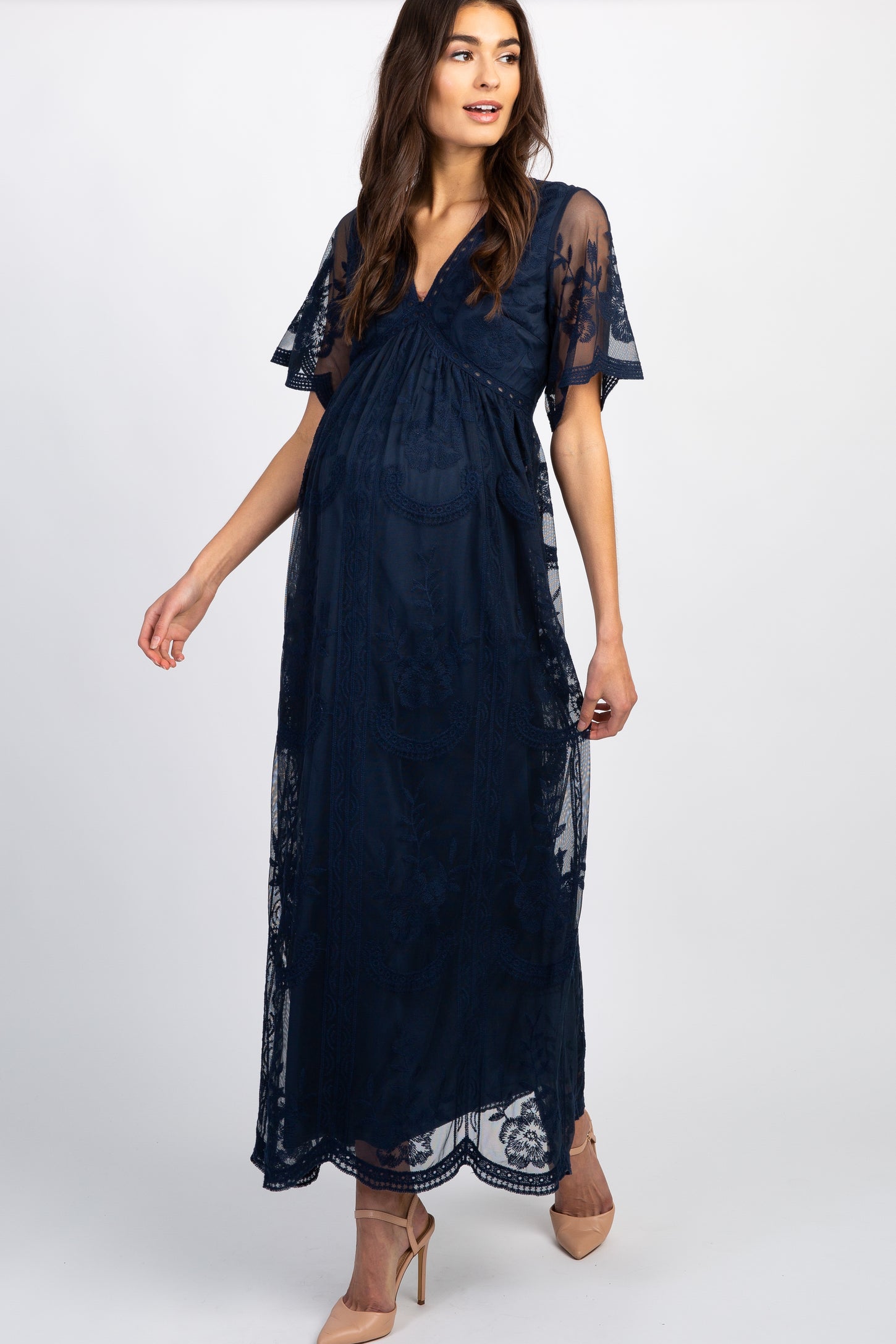 PinkBlush Navy Blue Lace Mesh Overlay Maternity Maxi Dress PinkBlush Navy Blue Lace Mesh Overlay Maternity Maxi Dress
