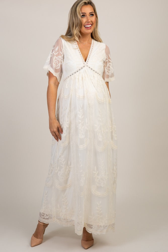 plus size cream lace maxi dress PinkBlush Cream Lace Overlay Maternity Maxi Dress
