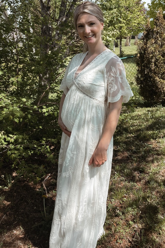PinkBlush Cream Lace Mesh Overlay Maternity Maxi Dress PinkBlush Cream Lace Mesh Overlay Maternity Maxi Dress