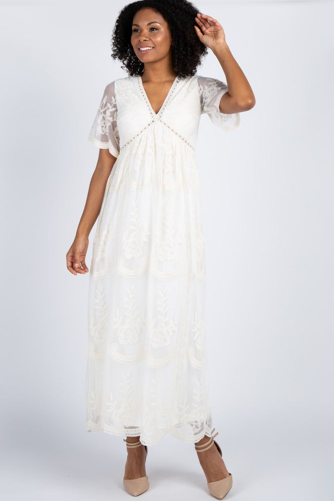 PinkBlush Cream Lace Overlay Maternity Maxi Dress