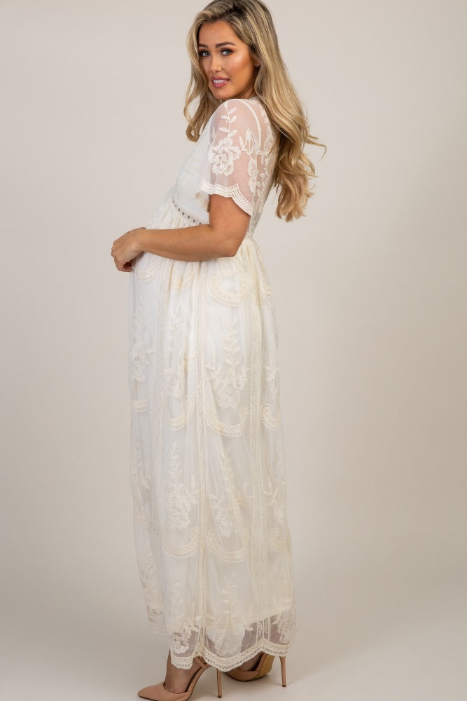white christmas dresses Cream Smocked Bubble Sleeve Lace Maxi Dress main image 1