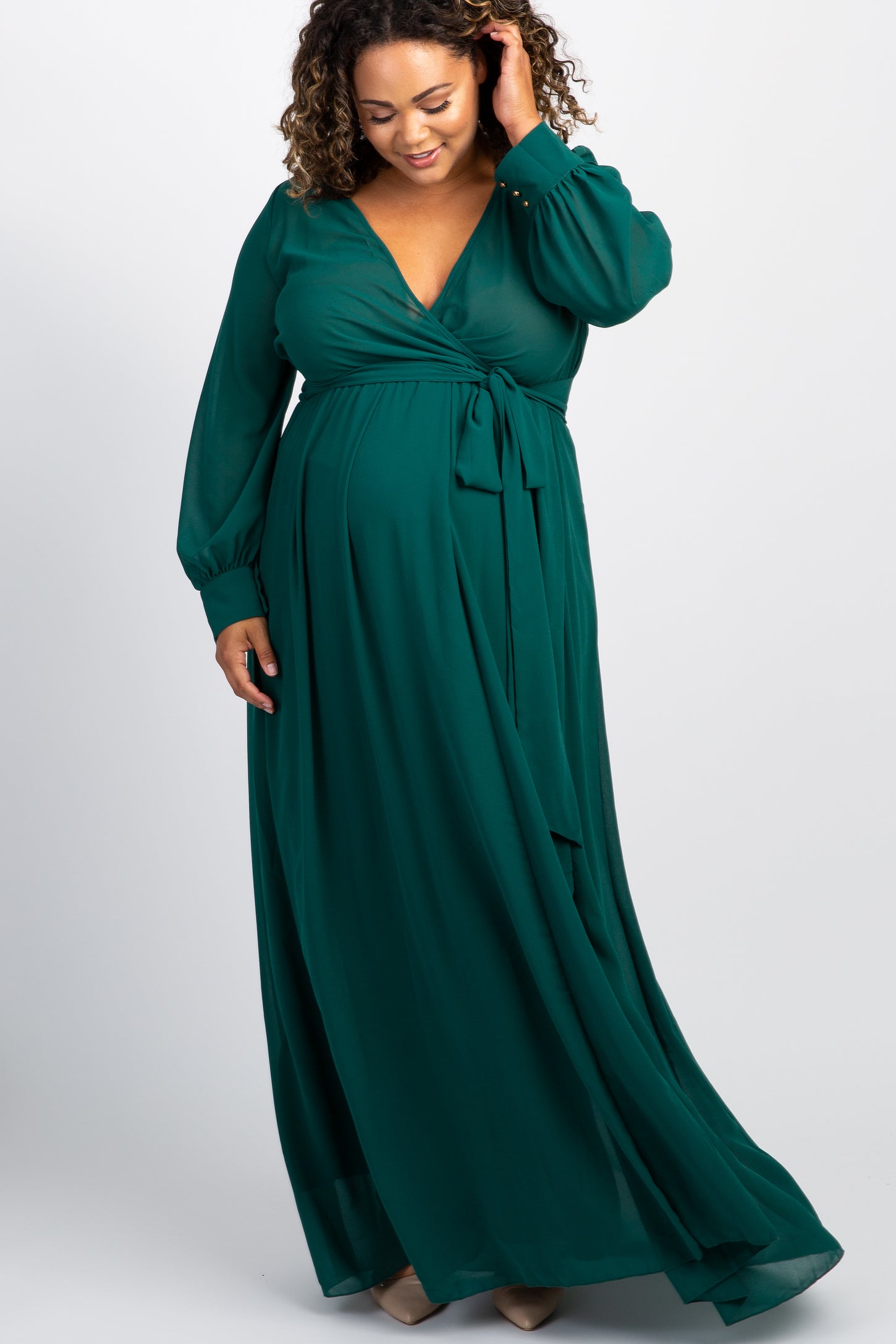 Green Chiffon Long Sleeve Pleated Plus Maternity Maxi Dress PinkBlush Green Chiffon Long Sleeve Pleated Plus Maternity Maxi Dress PinkBlush