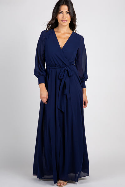 Navy Chiffon Long Sleeve Pleated Maxi Dress – PinkBlush