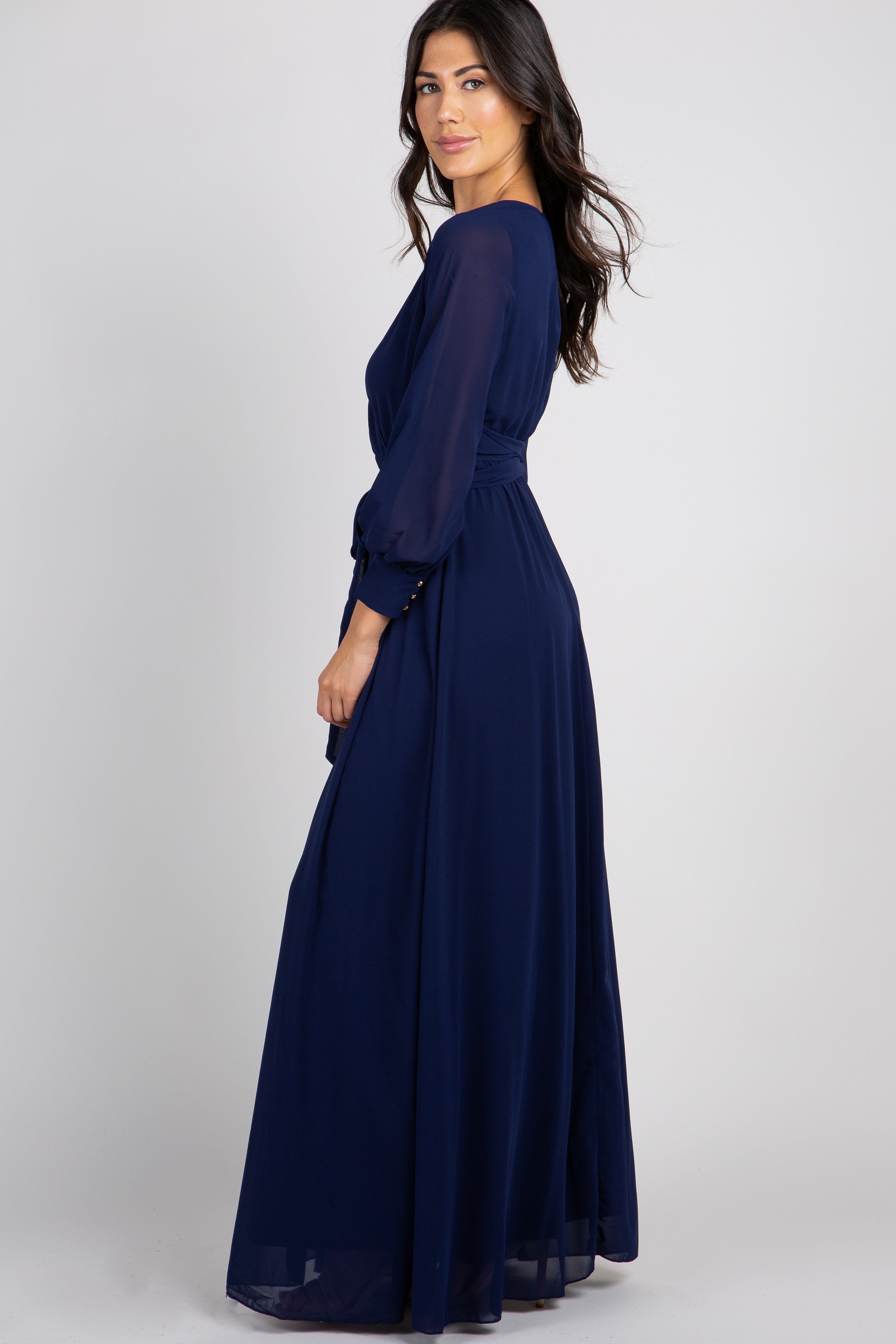 Navy Chiffon Long Sleeve Pleated Maxi Dress – PinkBlush