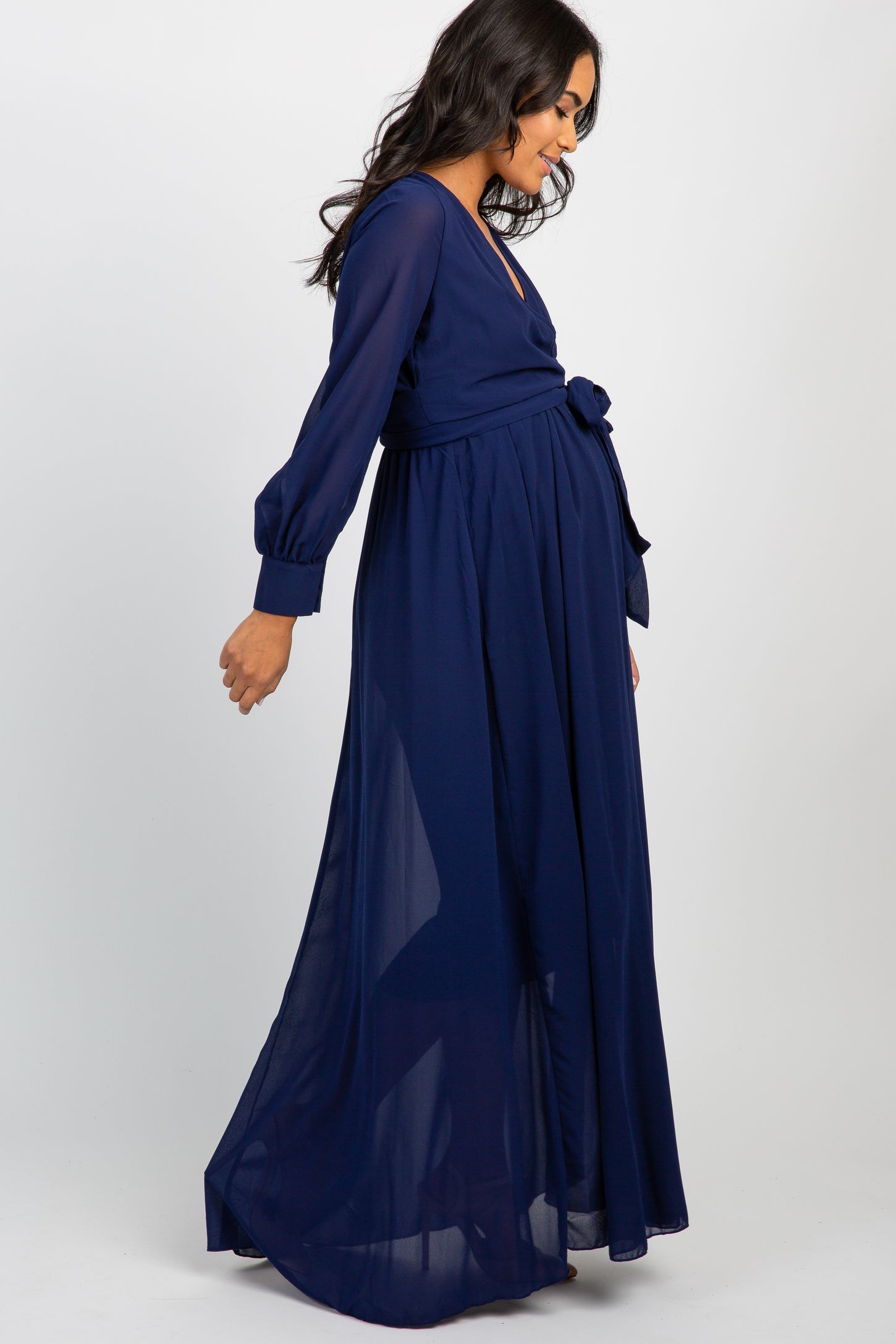 Navy Chiffon Long Sleeve Pleated Maternity Maxi Dress PinkBlush Navy Chiffon Long Sleeve Pleated Maternity Maxi Dress PinkBlush