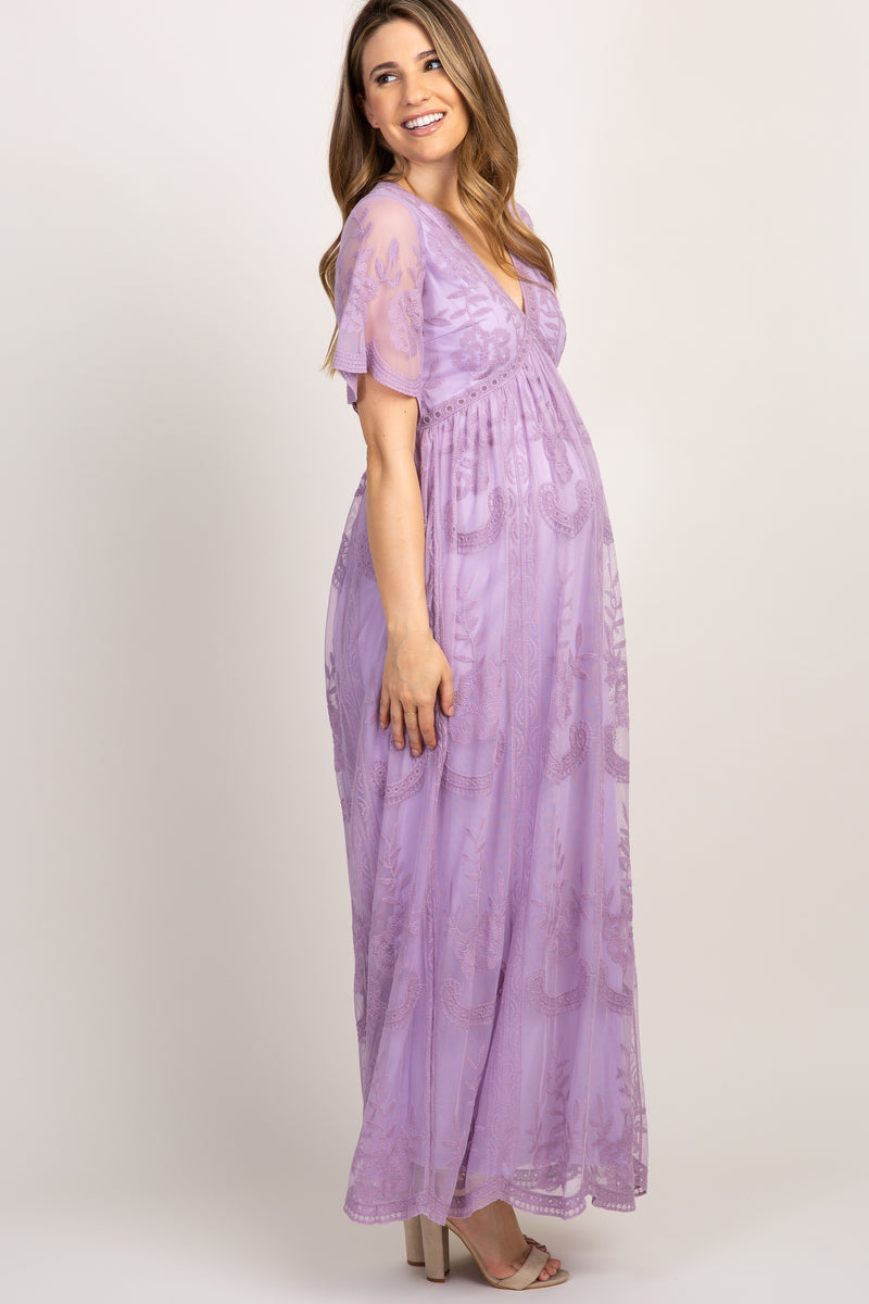 PinkBlush Lavender Lace Mesh Overlay Maternity Maxi Dress PinkBlush Lavender Lace Mesh Overlay Maternity Maxi Dress