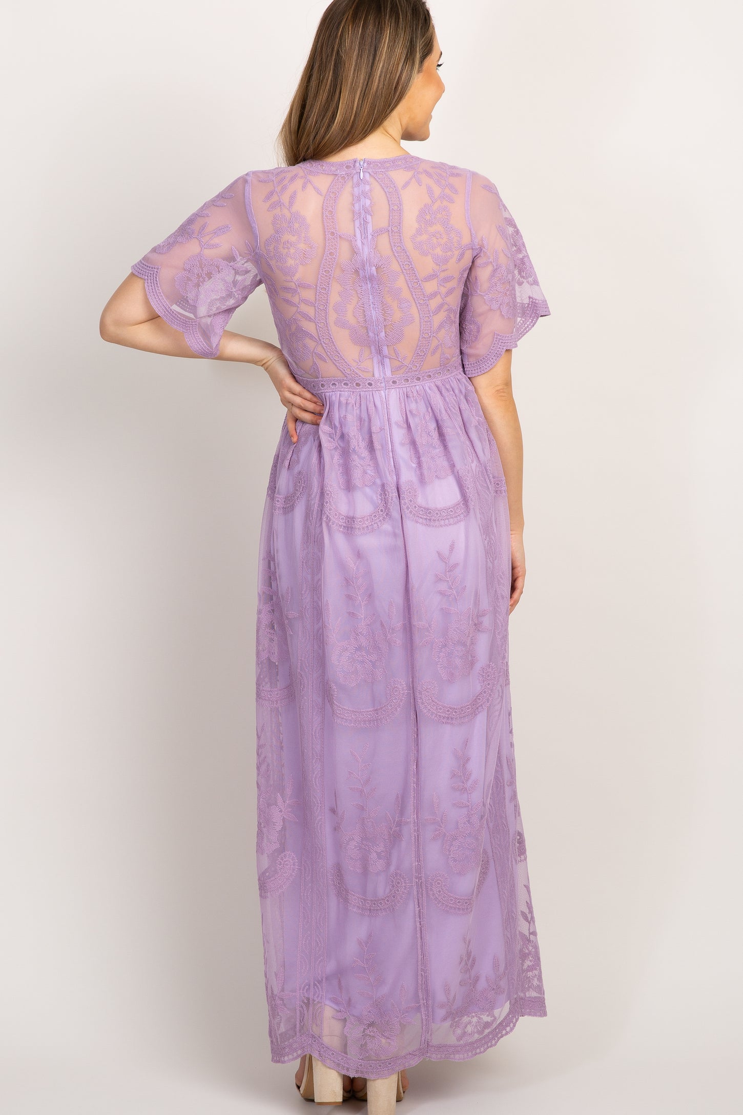 PinkBlush Lavender Lace Mesh Overlay Maternity Maxi Dress PinkBlush Lavender Lace Mesh Overlay Maternity Maxi Dress