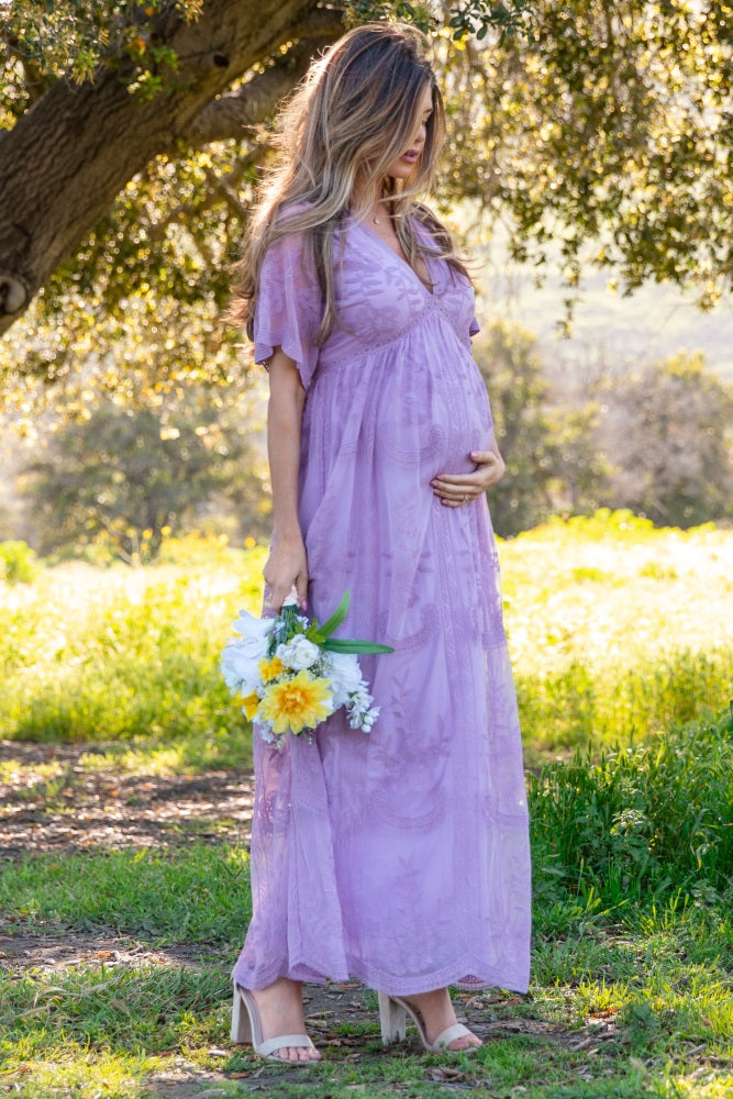 PinkBlush Lavender Lace Mesh Overlay Maternity Maxi Dress PinkBlush Lavender Lace Mesh Overlay Maternity Maxi Dress