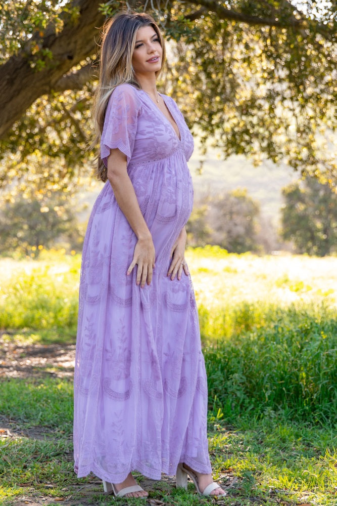 PinkBlush Lavender Lace Mesh Overlay Maternity Maxi Dress PinkBlush Lavender Lace Mesh Overlay Maternity Maxi Dress