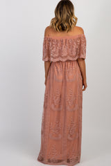 Light Pink Lace Mesh Overlay Off Shoulder Maxi Dress