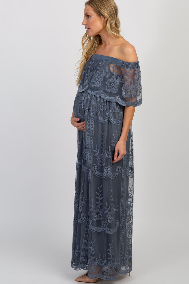 Blue Lace Mesh Overlay Off Shoulder Maternity Maxi Dress Small - PinkBlush - Casual Chic Boutique Blue Lace Mesh Overlay Off Shoulder Maternity Maxi Dress Small - PinkBlush - Casual Chic Boutique