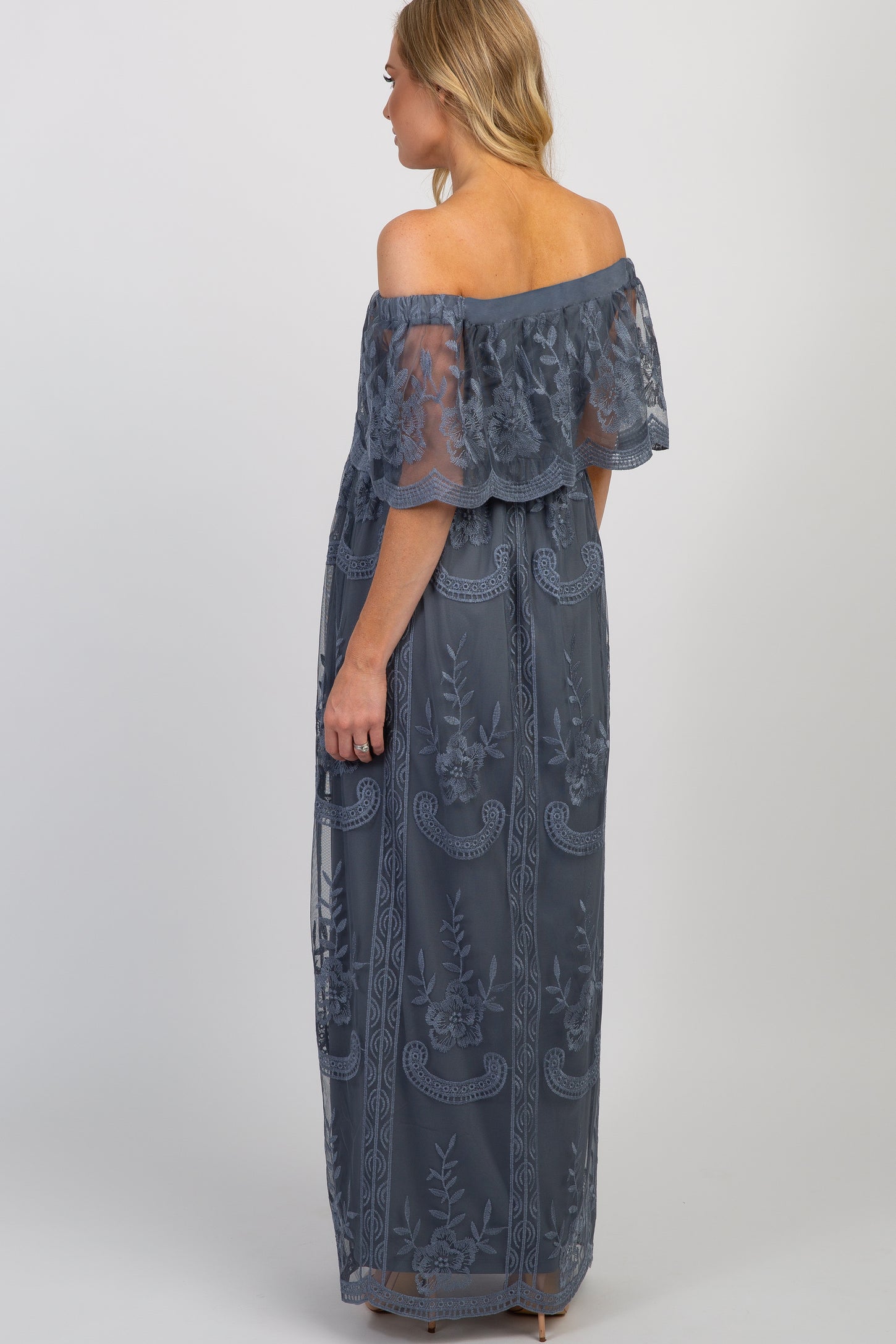 Blue Lace Mesh Overlay Off Shoulder Maternity Maxi Dress Small - PinkBlush - Casual Chic Boutique Blue Lace Mesh Overlay Off Shoulder Maternity Maxi Dress Small - PinkBlush - Casual Chic Boutique