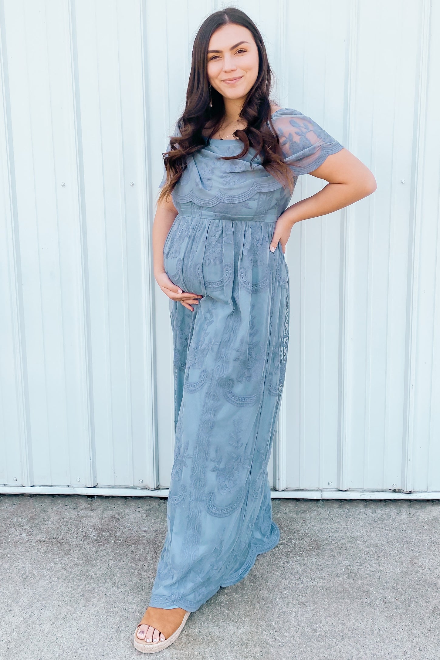 Blue Lace Mesh Overlay Off Shoulder Maternity Maxi Dress Small - PinkBlush - Casual Chic Boutique Blue Lace Mesh Overlay Off Shoulder Maternity Maxi Dress Small - PinkBlush - Casual Chic Boutique