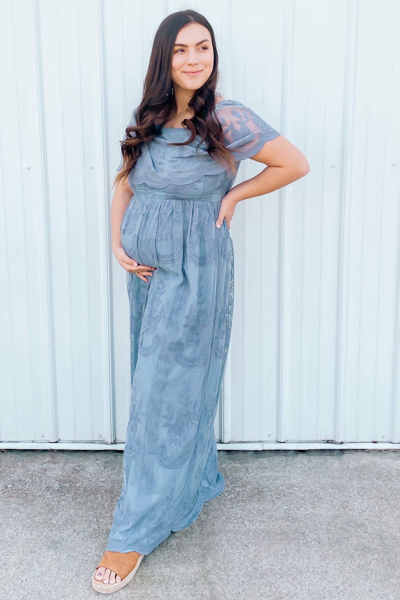 Blue Lace Mesh Overlay Off Shoulder Maternity Maxi Dress โ PinkBlush