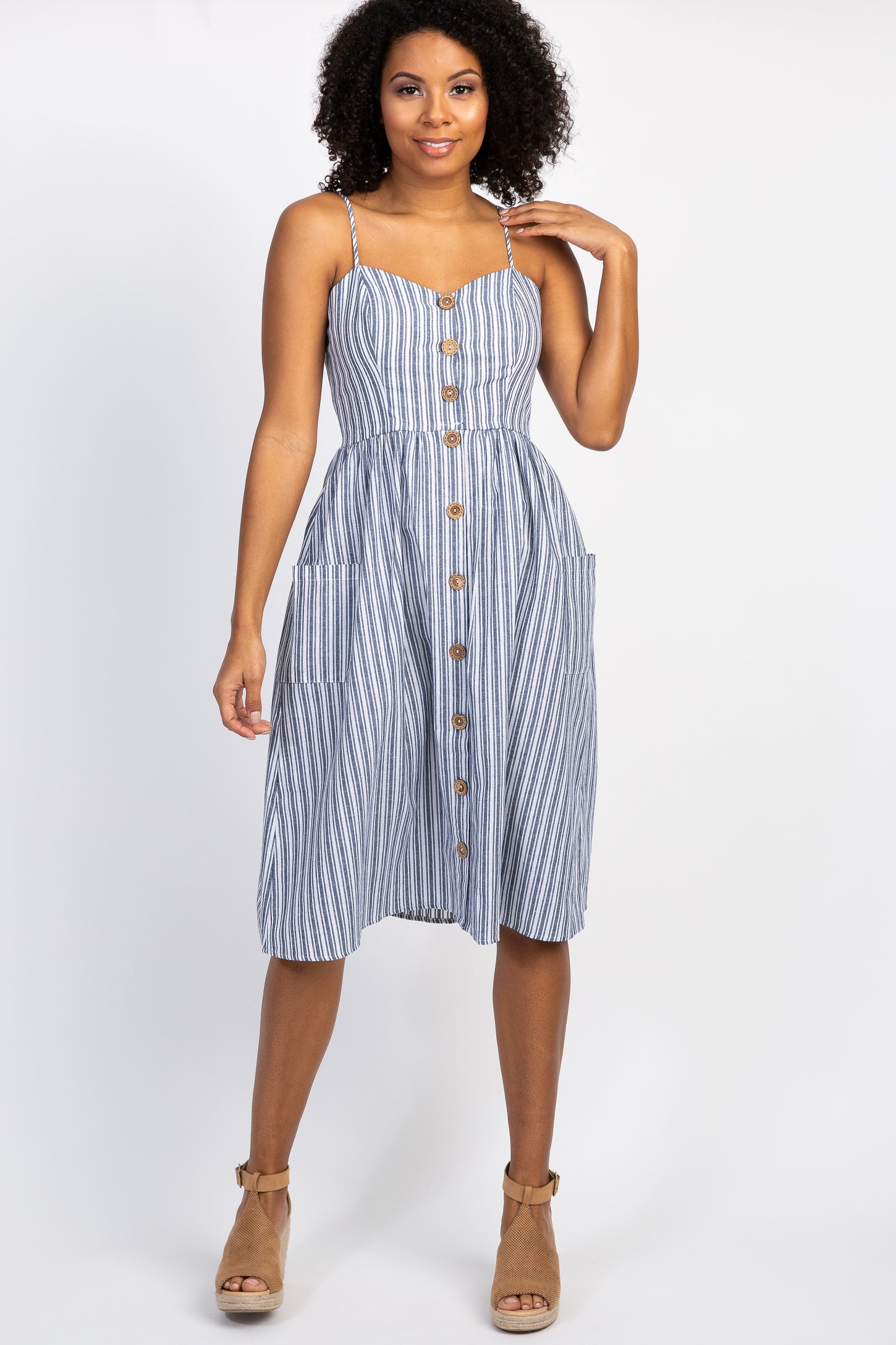 Navy Striped Sweetheart Button Front Maternity Dress Navy Striped Sweetheart Button Front Maternity Dress