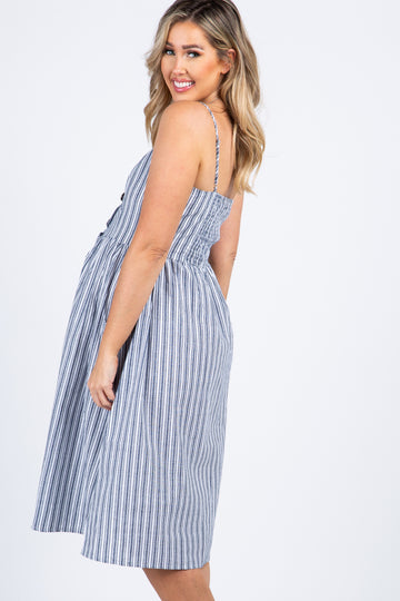 Navy Striped Sweetheart Button Front Maternity Dress