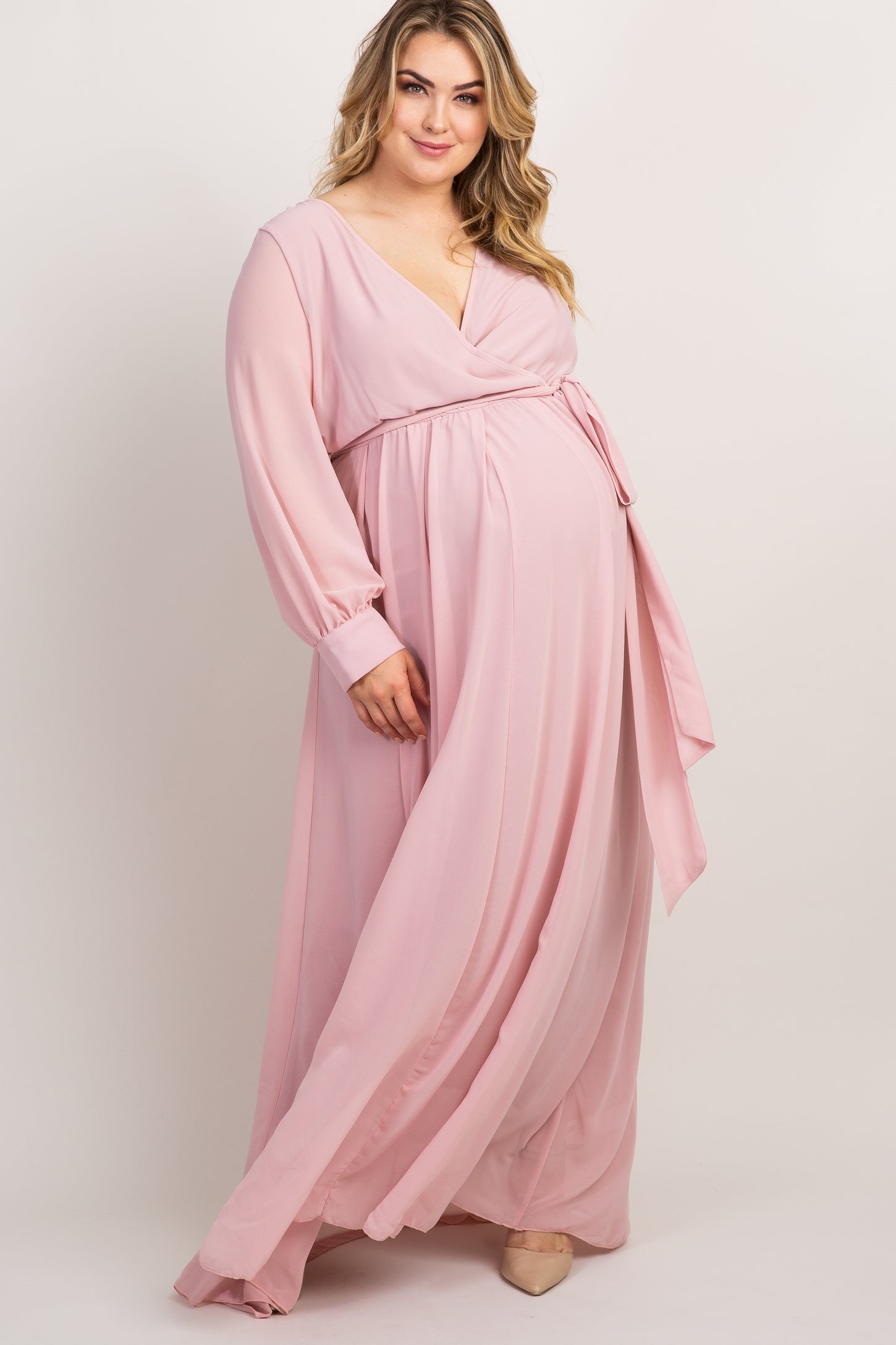 Pinkblush Light Pink Chiffon Long Sleeve Pleated Plus Maternity Maxi Dress 1X Pinkblush Light Pink Chiffon Long Sleeve Pleated Plus Maternity Maxi Dress 1X