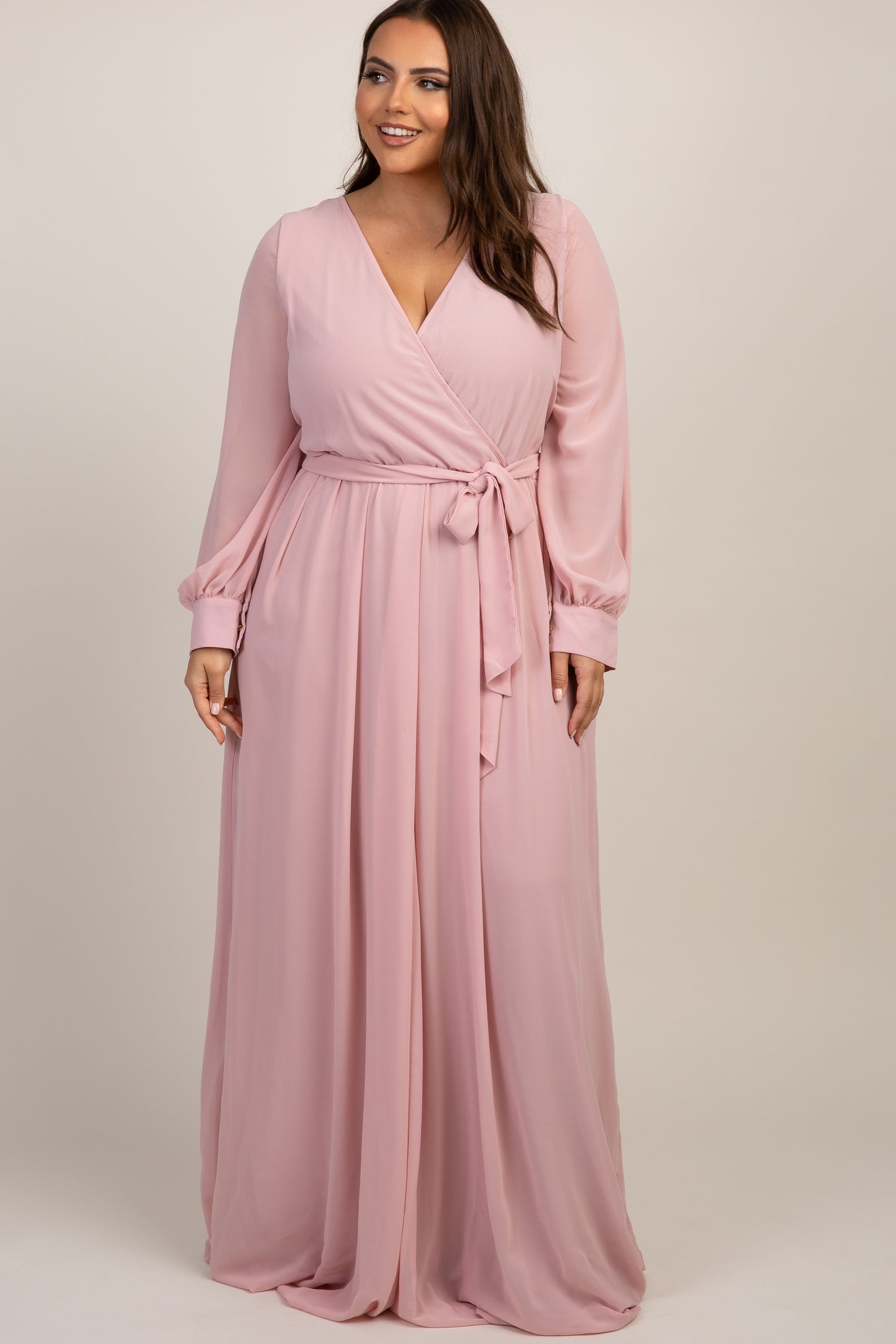 light pink long sleeve bridesmaid dresses Ever-Pretty Plus Size Long Sleeve Chiffon Midi Dress with Square Neck for Weddings & Family Events