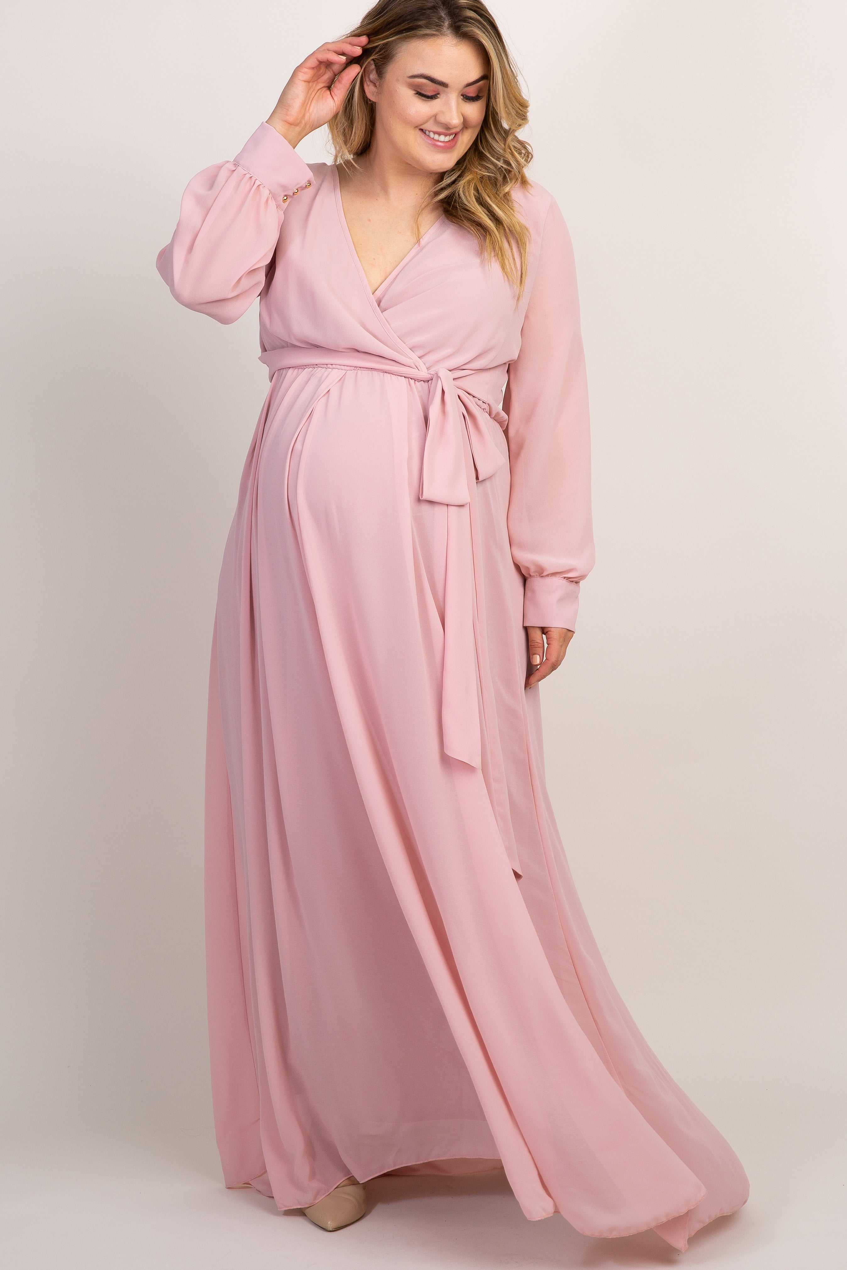 Pinkblush Light Pink Chiffon Long Sleeve Pleated Plus Maternity Maxi Dress 1X Pinkblush Light Pink Chiffon Long Sleeve Pleated Plus Maternity Maxi Dress 1X