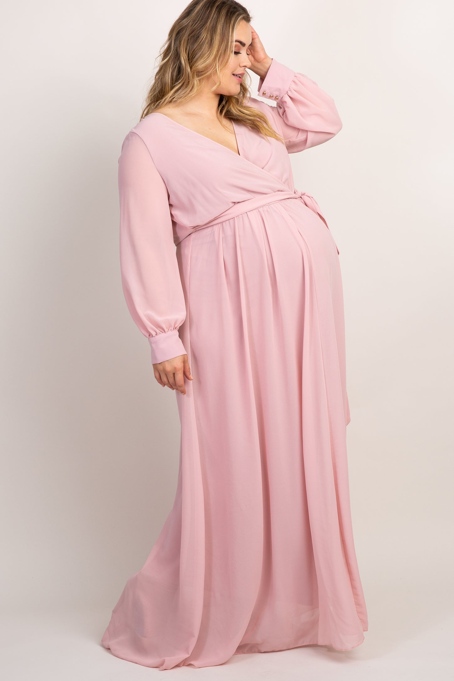 Pinkblush Light Pink Chiffon Long Sleeve Pleated Plus Maternity Maxi Dress 1X Pinkblush Light Pink Chiffon Long Sleeve Pleated Plus Maternity Maxi Dress 1X