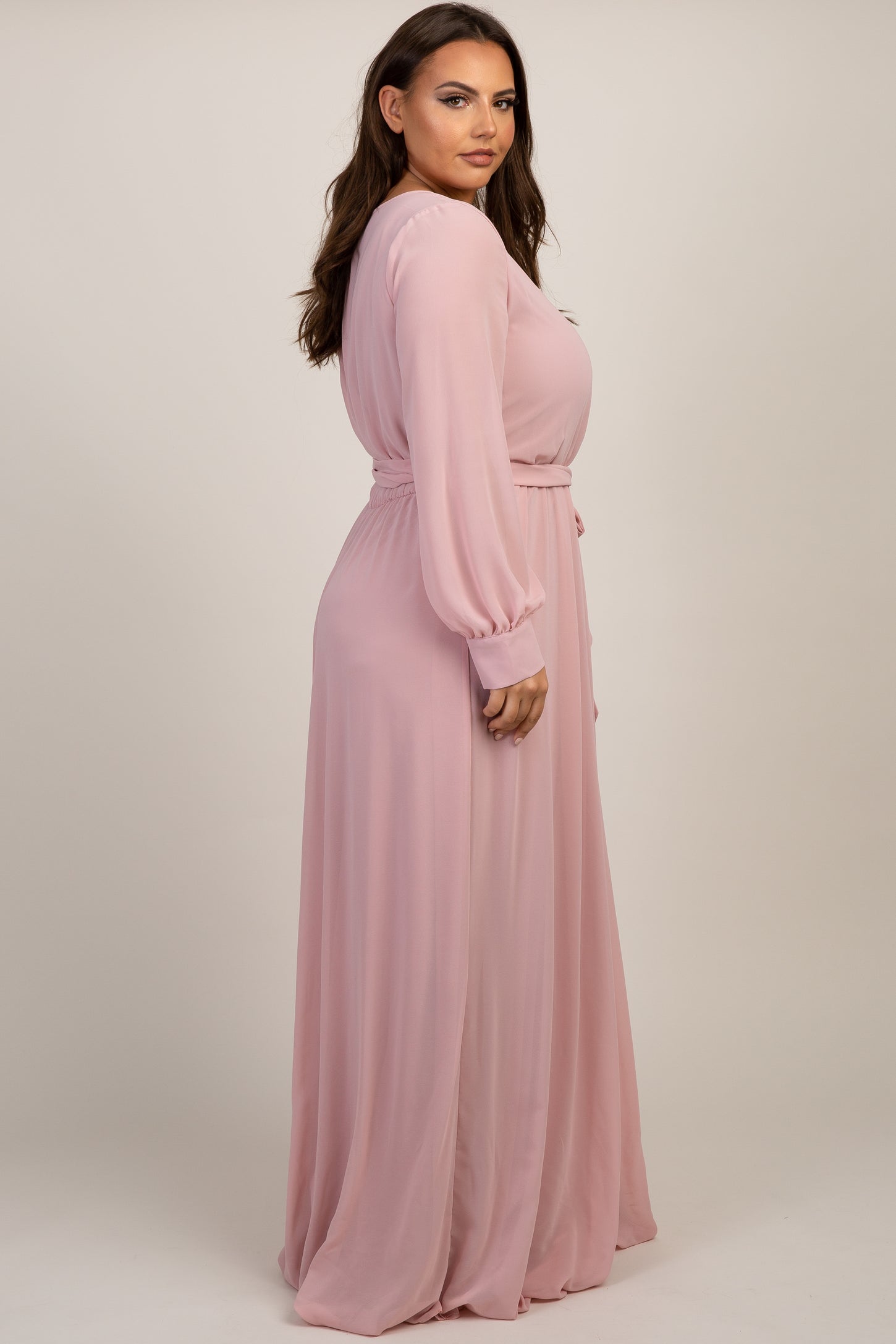Light Pink Chiffon Long Sleeve Pleated Plus Maxi Dress Light Pink Chiffon Long Sleeve Pleated Plus Maxi Dress