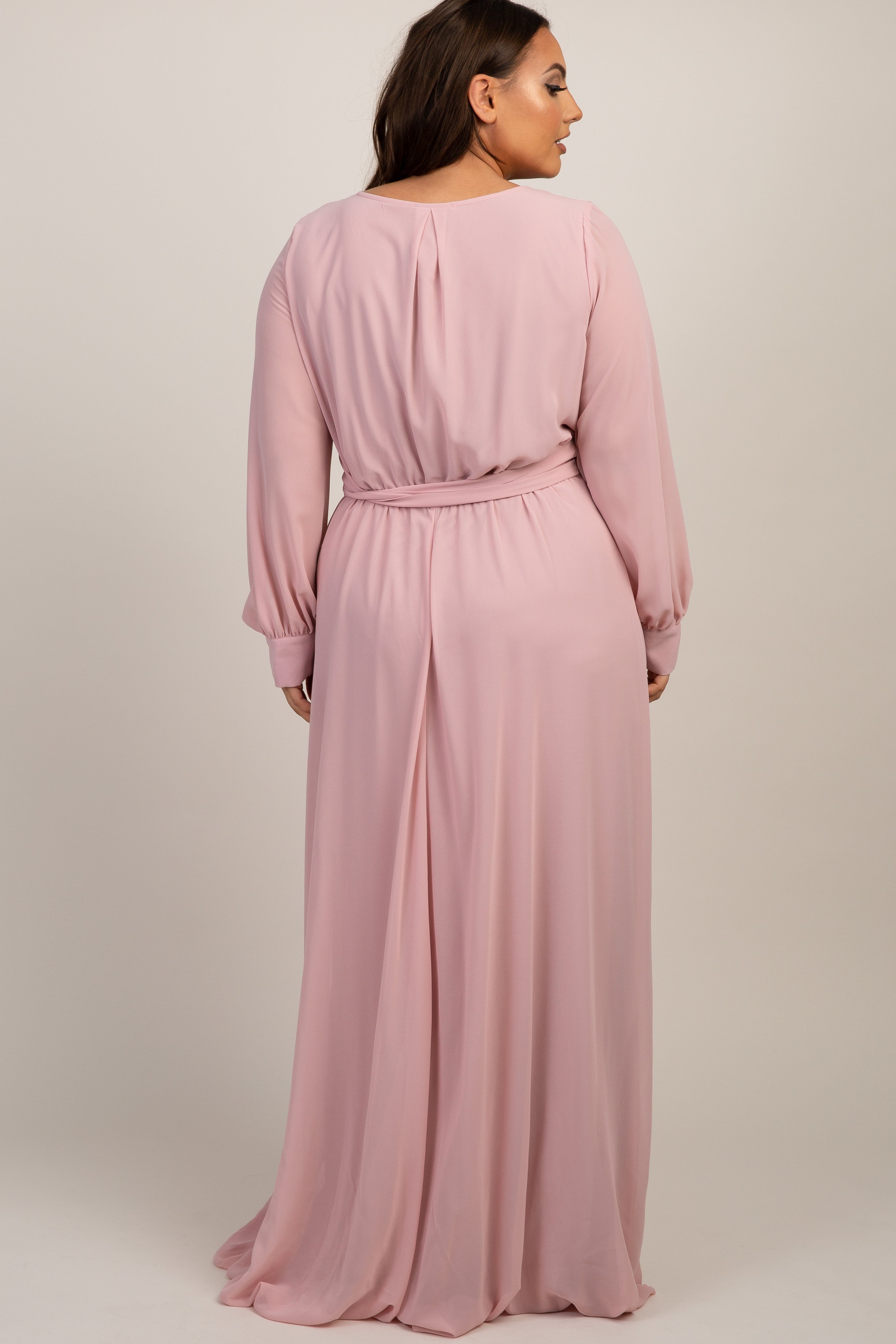 Light Pink Chiffon Long Sleeve Pleated Plus Maxi Dress – PinkBlush