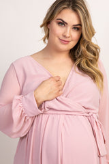 Light Pink Chiffon Long Sleeve Pleated Plus Maternity Maxi Dress