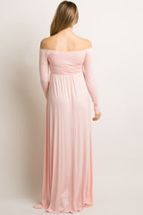 PinkBlush Petite Pink Solid Off Shoulder Maternity Maxi Dress