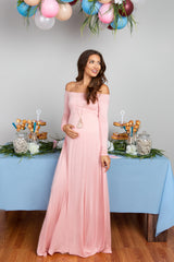 PinkBlush Petite Pink Solid Off Shoulder Maternity Maxi Dress