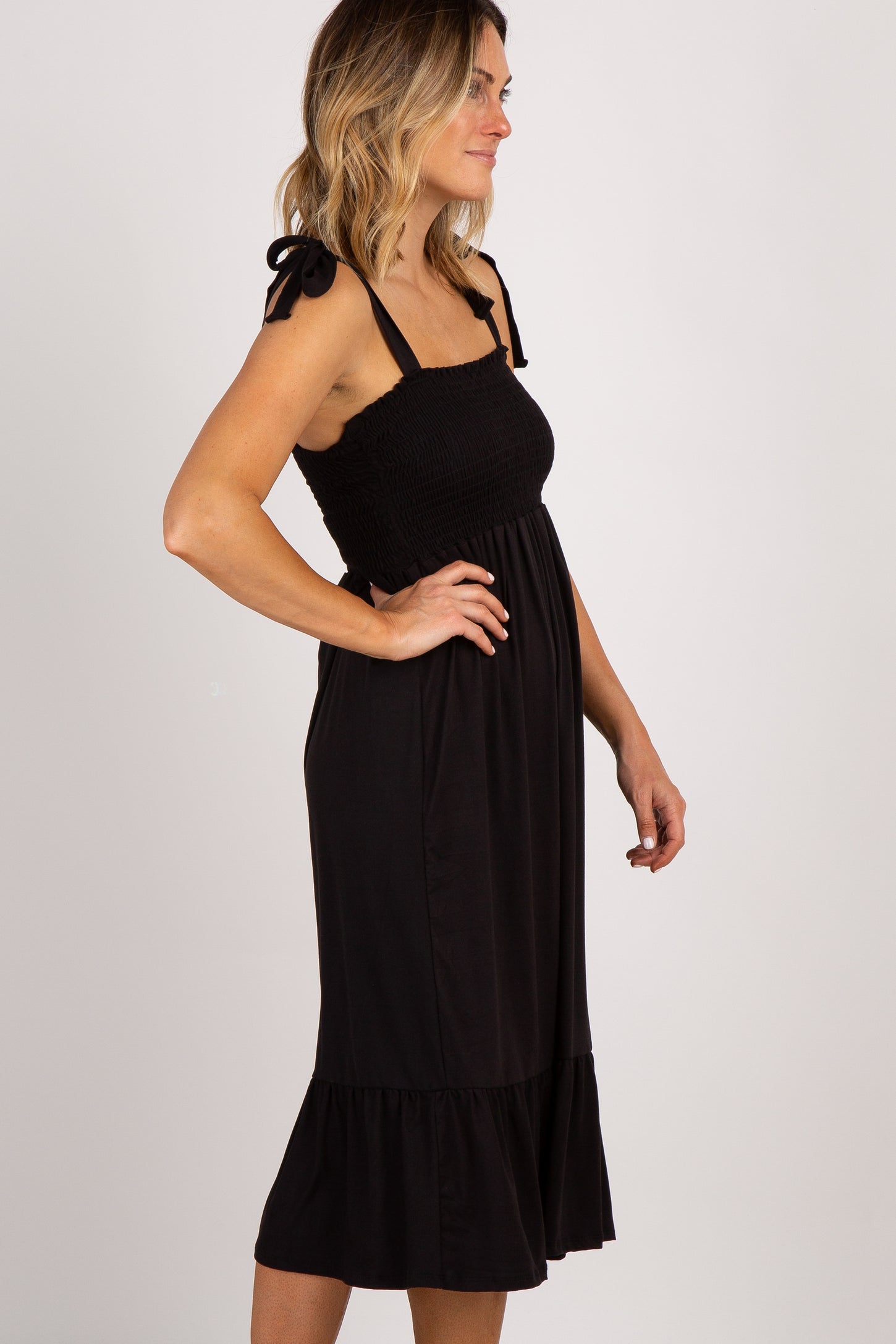 Black Solid Self-Tie Smocked Midi Dress