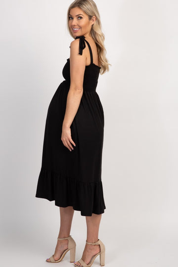 Black Solid Self-Tie Smocked Maternity Midi Dress