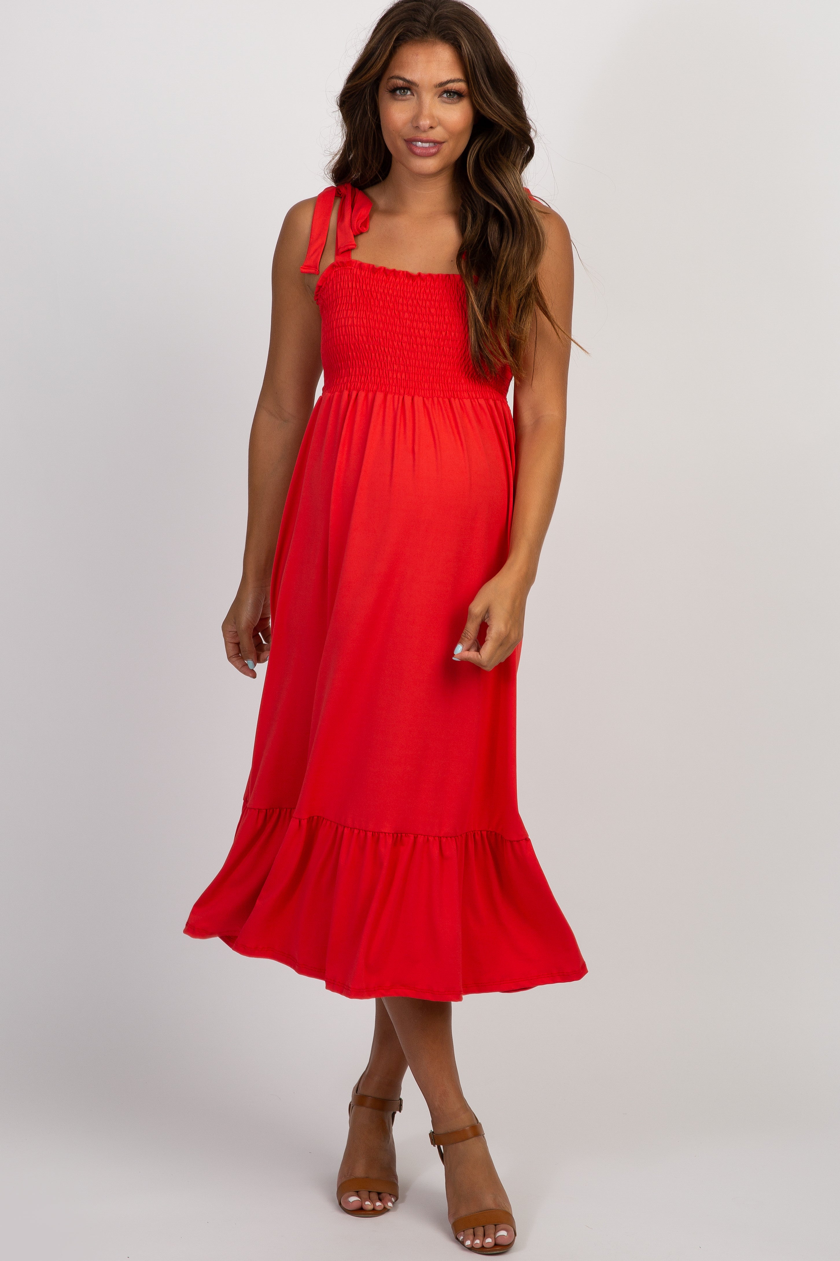 fitted lace wedding dress PinkBlush Red Solid Self-Tie Smocked Maternity Midi Dress