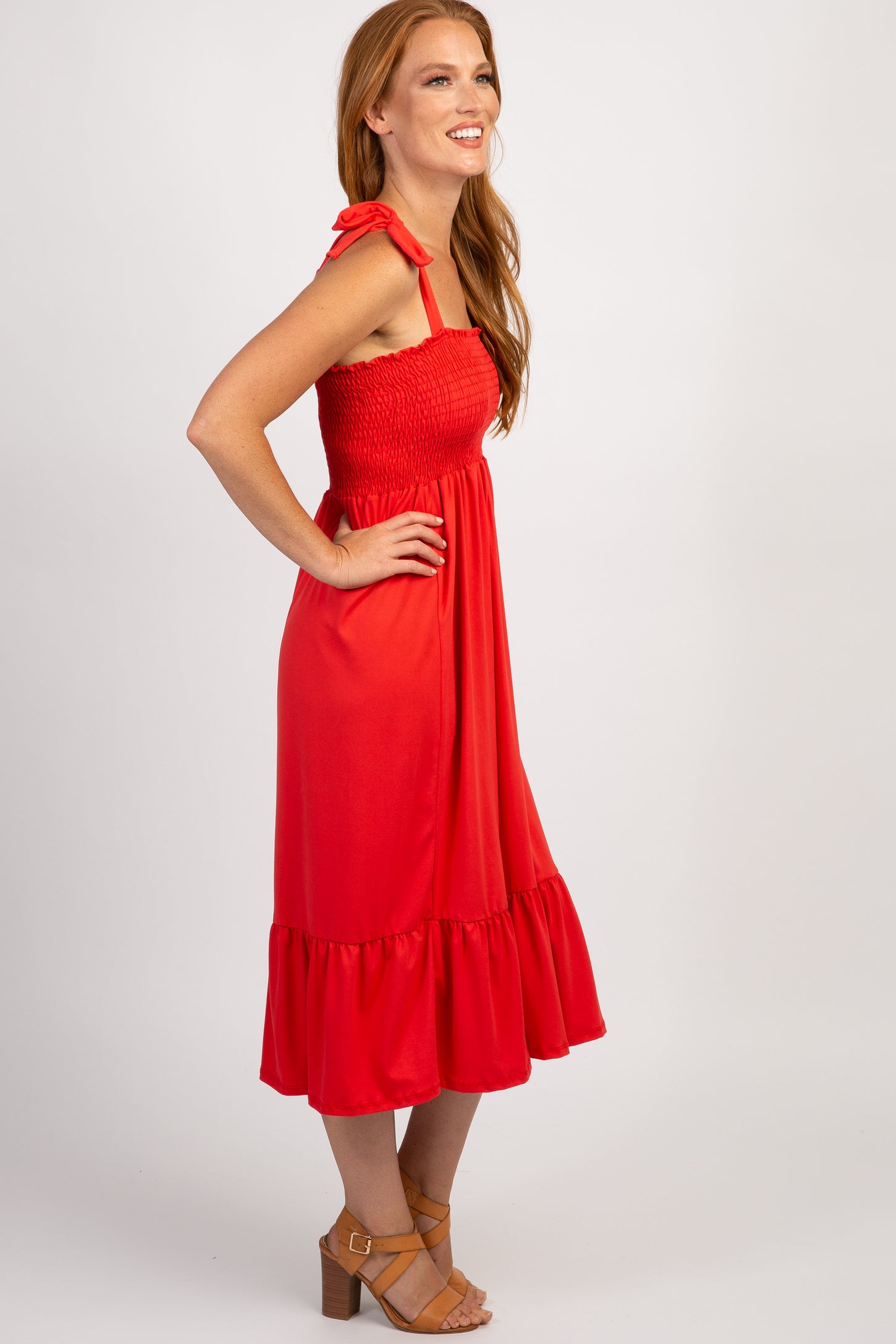 PinkBlush Red Solid Self-Tie Smocked Midi Dress PinkBlush Red Solid Self-Tie Smocked Midi Dress