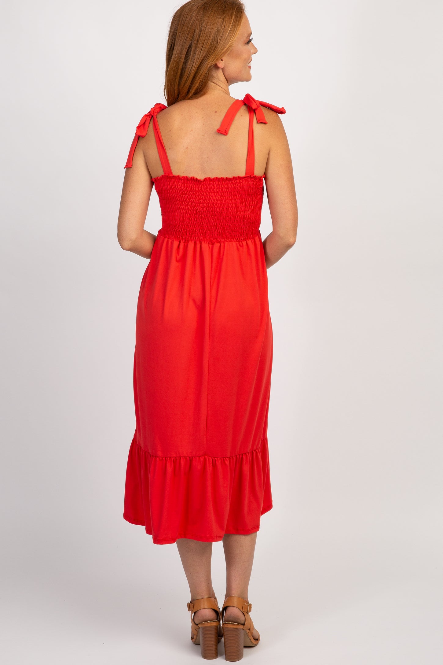 PinkBlush Red Solid Self-Tie Smocked Midi Dress PinkBlush Red Solid Self-Tie Smocked Midi Dress