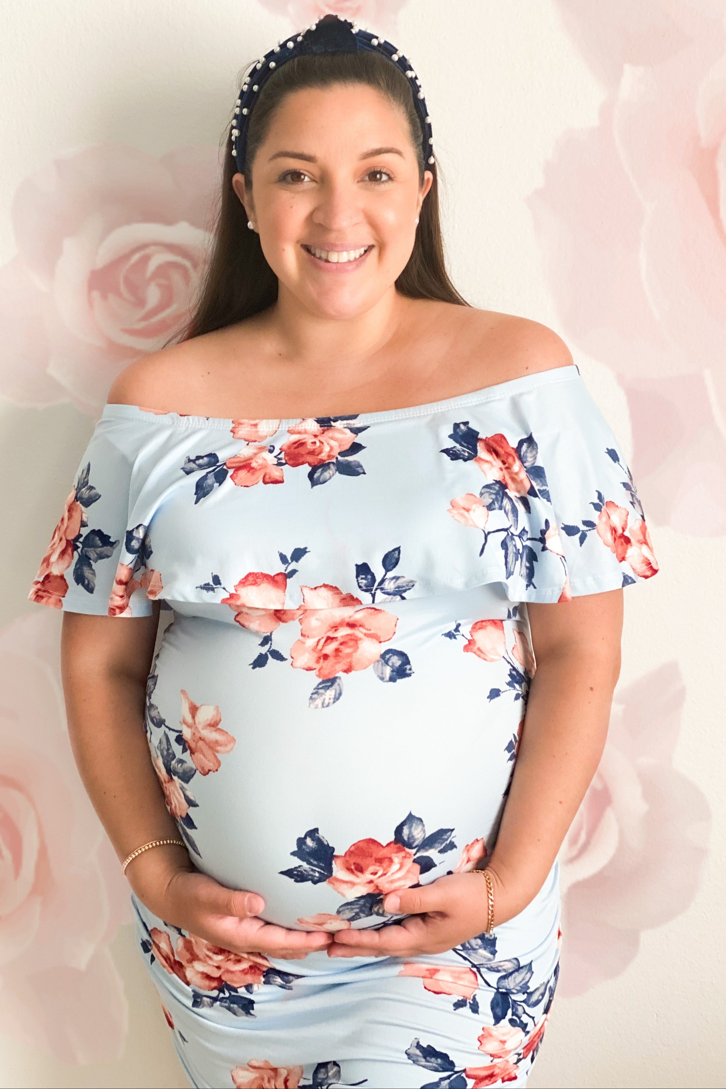 Pinkblush Light Blue Rose Print Ruffle Fitted Maternity Dress Small