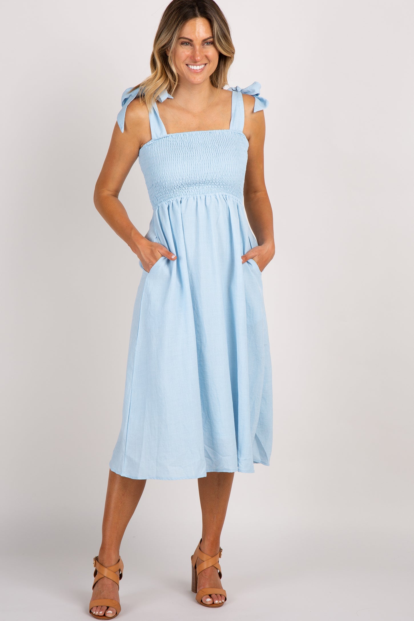 Light Blue Strap Tie Smocked Dress