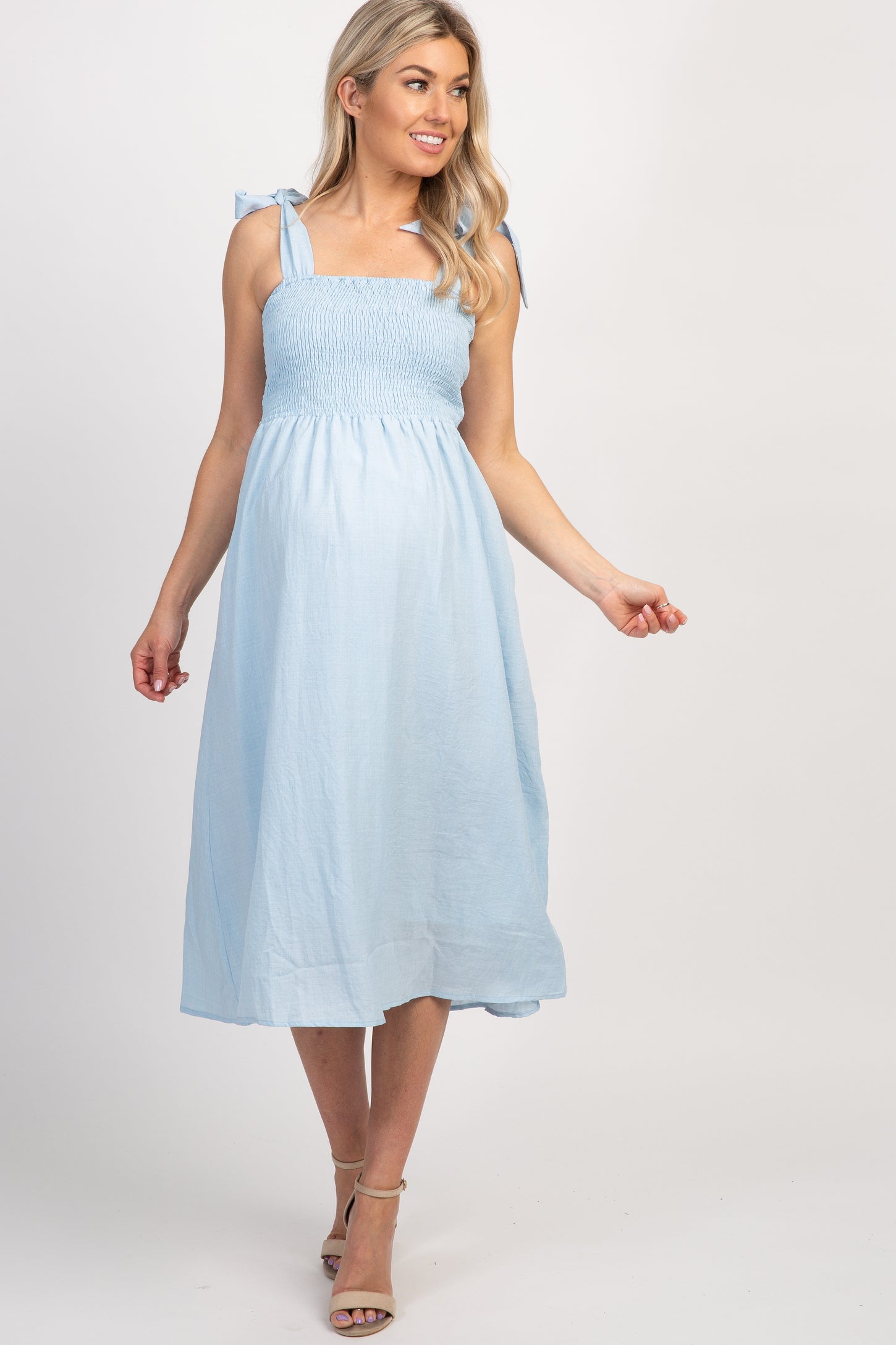 Light Blue Strap Tie Smocked Maternity Dress PinkBlush Light Blue Strap Tie Smocked Maternity Dress PinkBlush