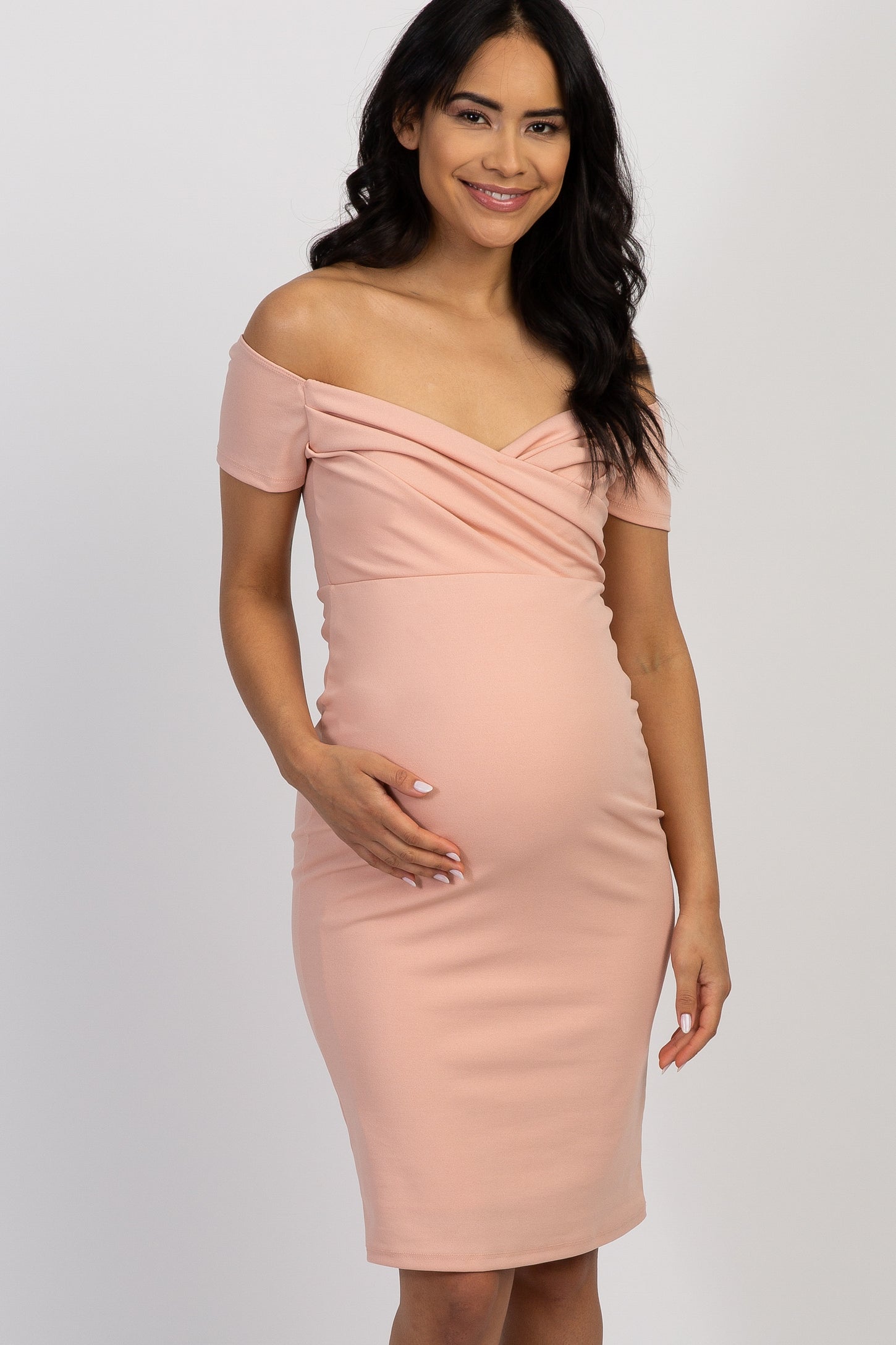PinkBlush Light Pink Solid Off Shoulder Maternity Fitted Dress PinkBlush Light Pink Solid Off Shoulder Maternity Fitted Dress