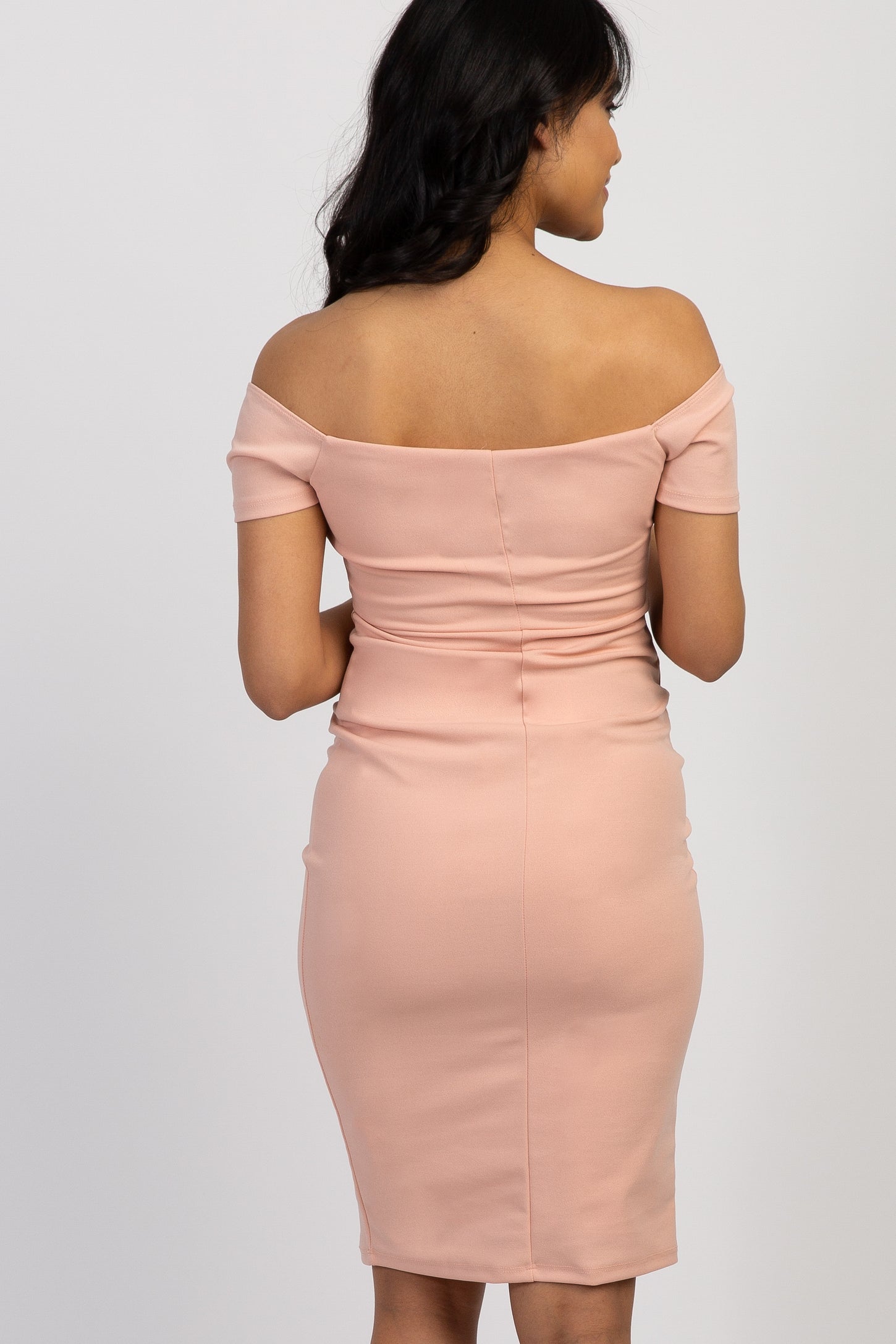 PinkBlush Light Pink Solid Off Shoulder Maternity Fitted Dress PinkBlush Light Pink Solid Off Shoulder Maternity Fitted Dress