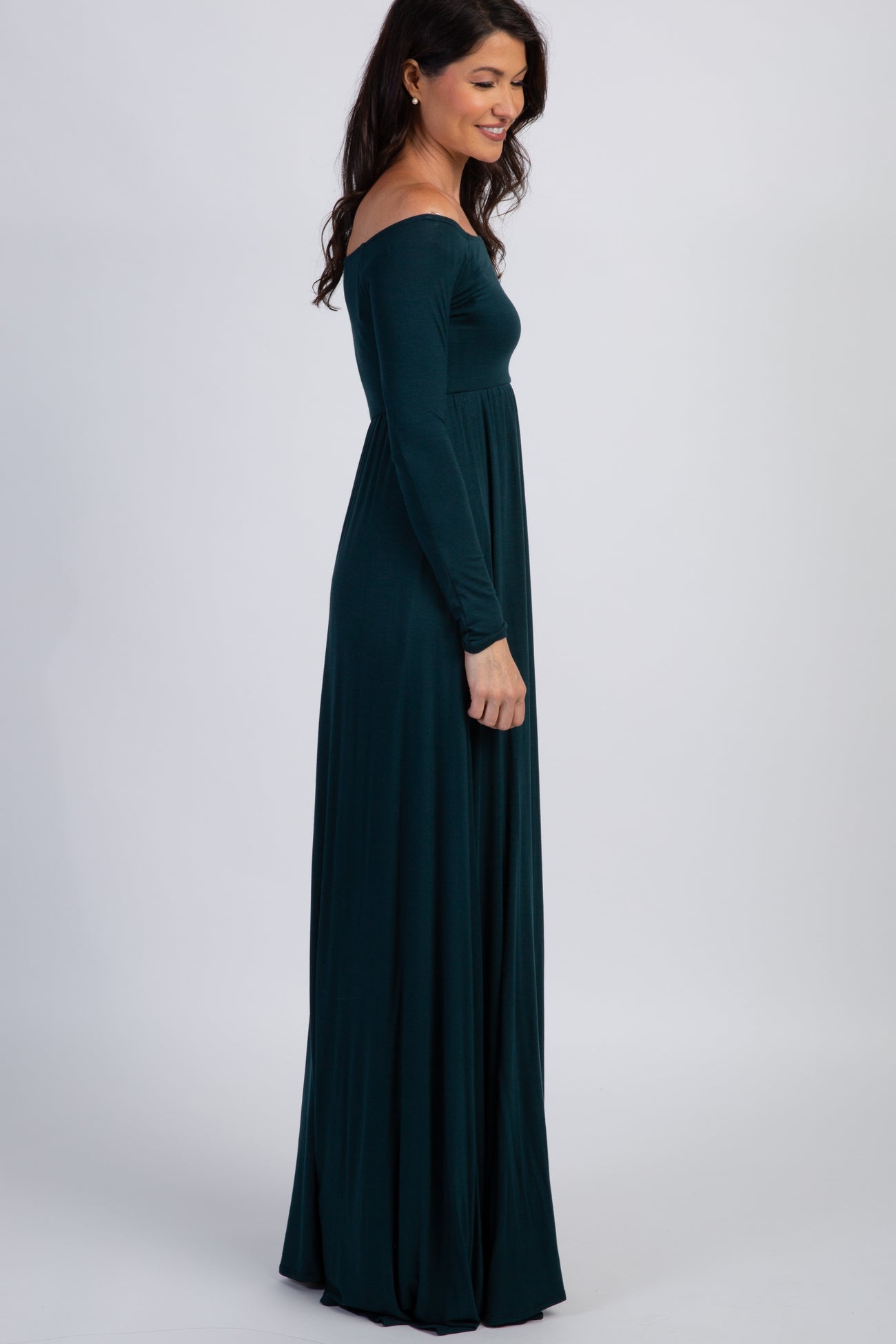 PinkBlush Forest Green Solid Off Shoulder Maxi Dress