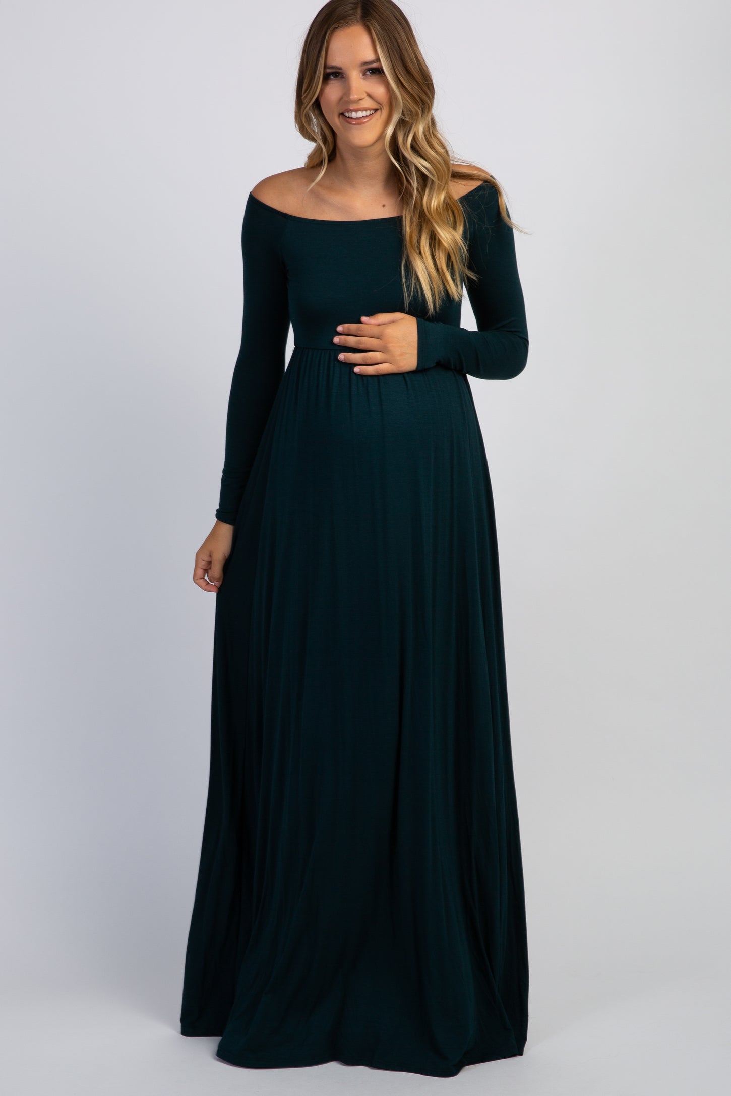 PinkBlush Forest Green Solid Off Shoulder Maternity Maxi Dress PinkBlush Forest Green Solid Off Shoulder Maternity Maxi Dress