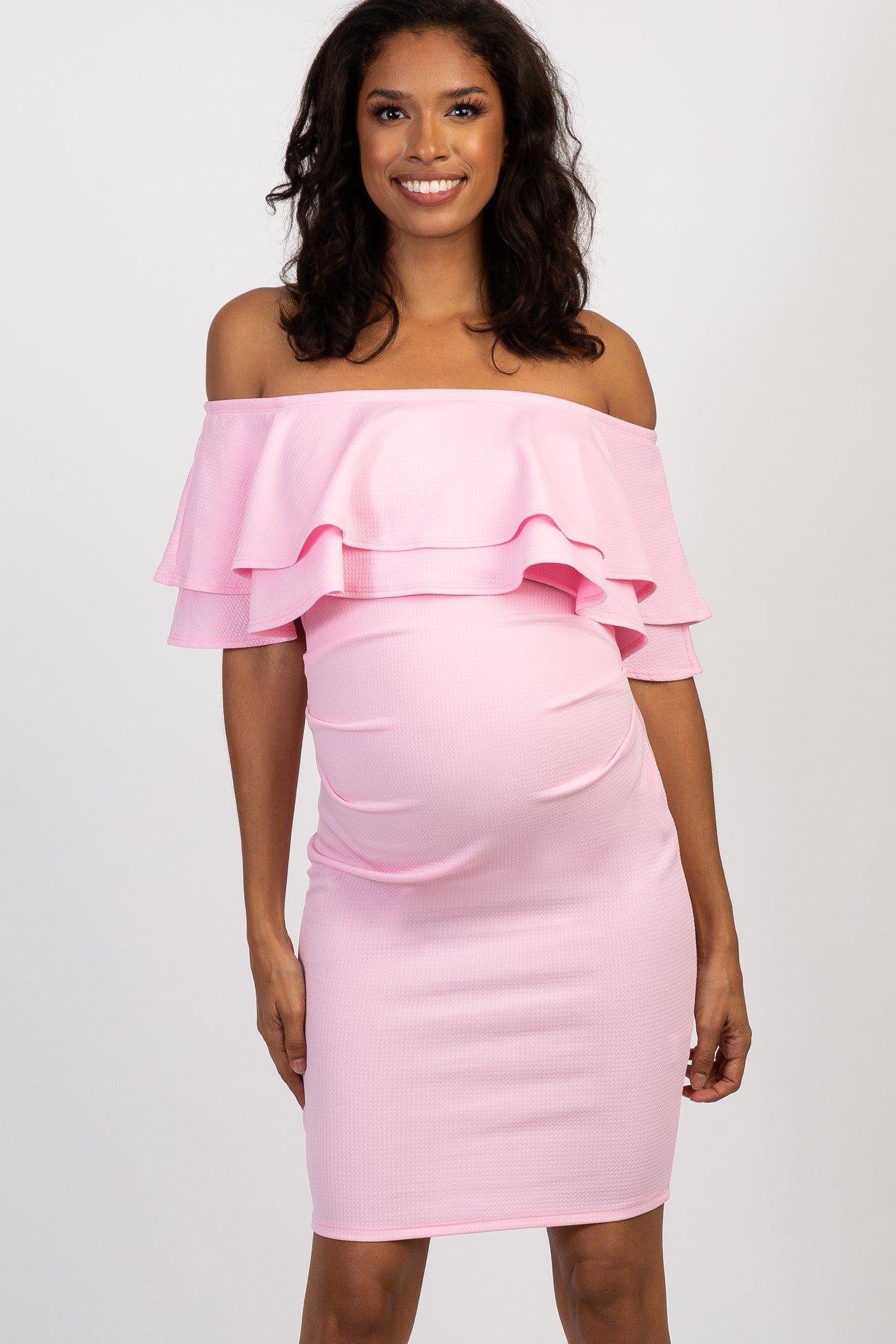 sleeveless women's light pink off the shoulder dress for pregnant AONESX Maternity Dresses Baby Shower Photography S at Amazon Clothing store take a look at our gracious Amaryllis gown Maternity Dress Summer Ruffle Sleeve