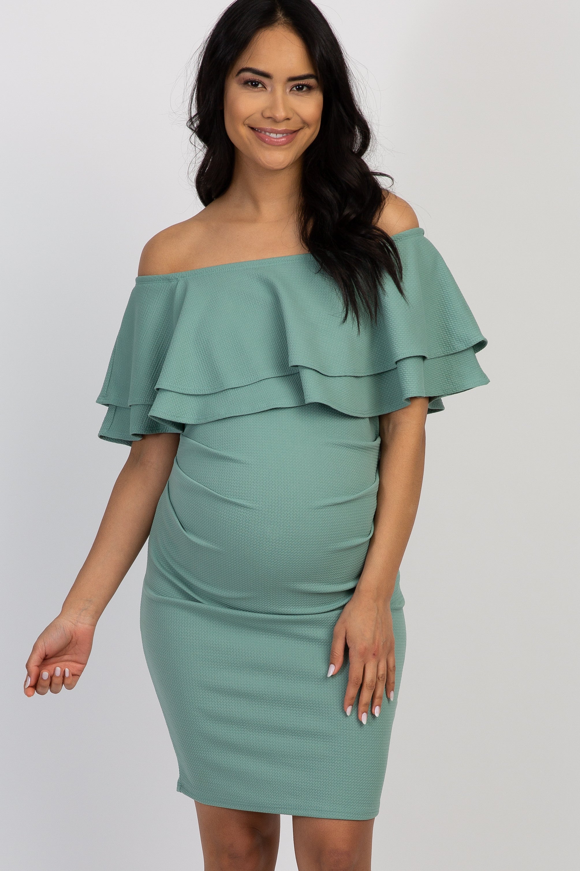off the shoulder fitted maternity dress HATCH Collection The Softsculpt Knit Off The Shoulder Dress in Peony