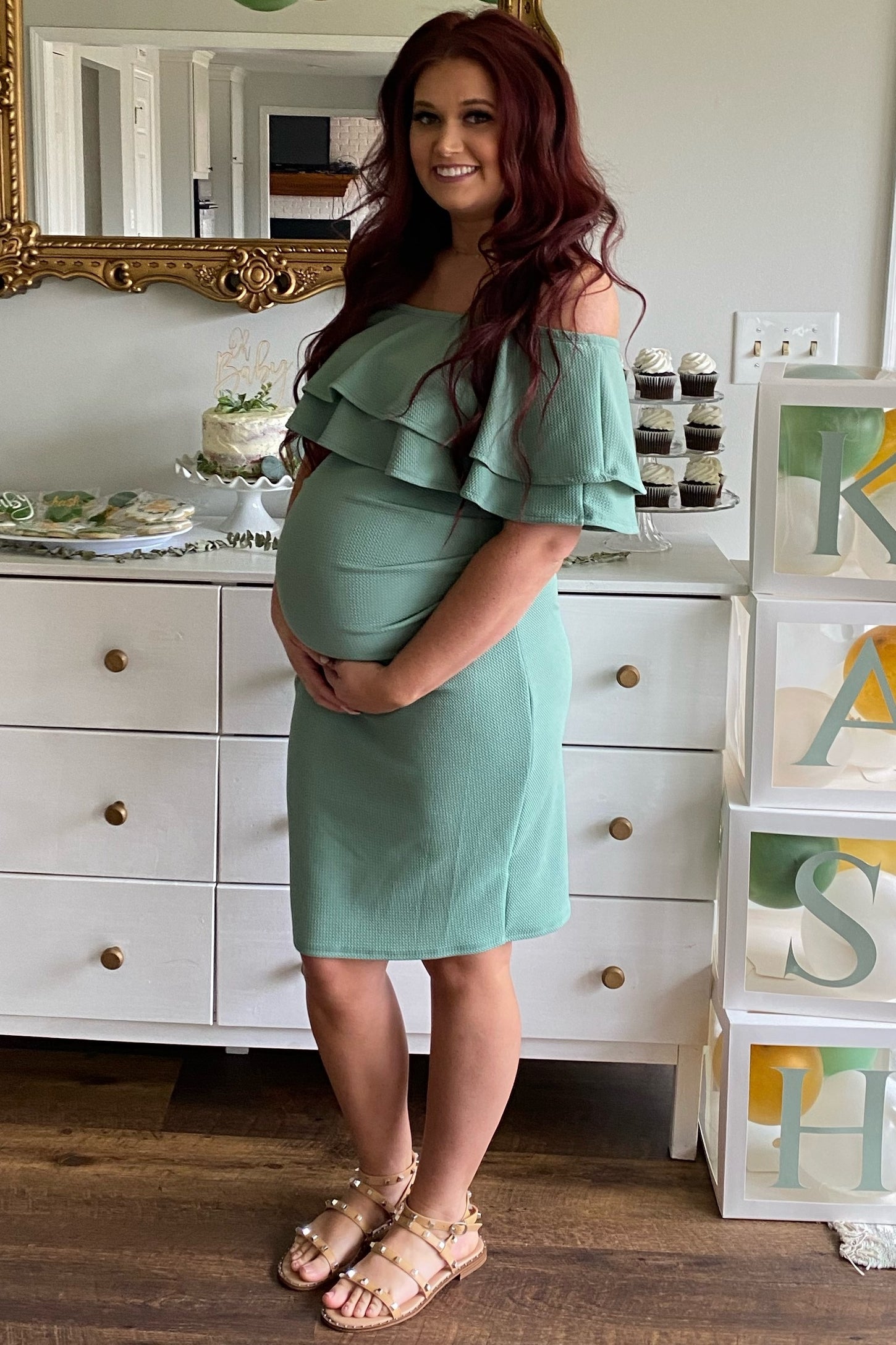 Sage Off Shoulder Fitted Maternity Dress Sage Off Shoulder Fitted Maternity Dress