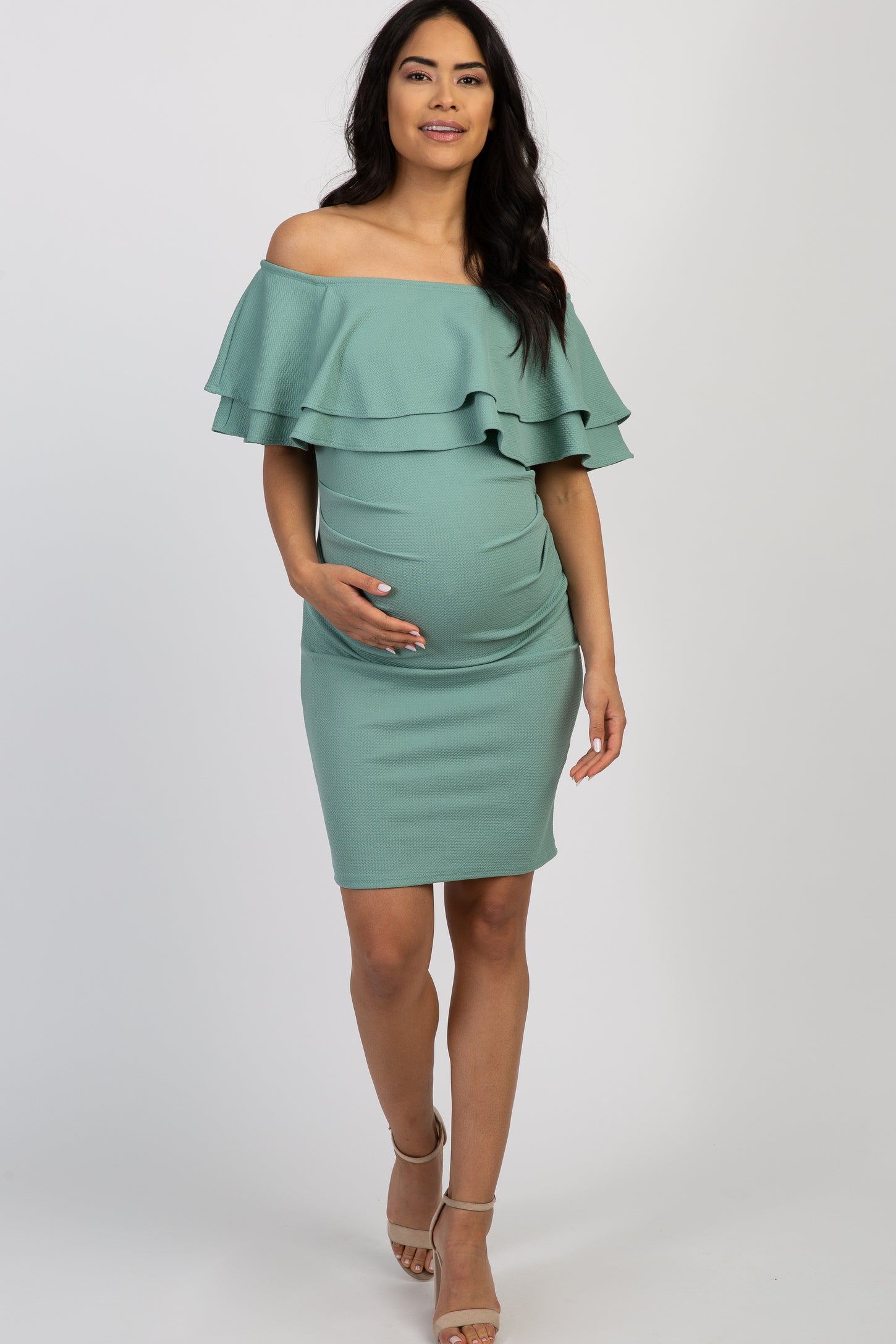 Sage Off Shoulder Fitted Maternity Dress Sage Off Shoulder Fitted Maternity Dress