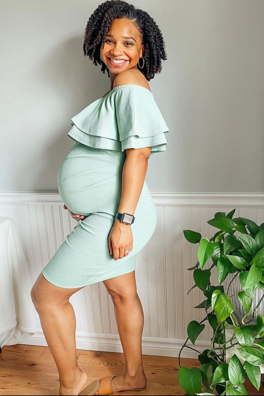 Sage Off Shoulder Fitted Maternity Dress – PinkBlush
